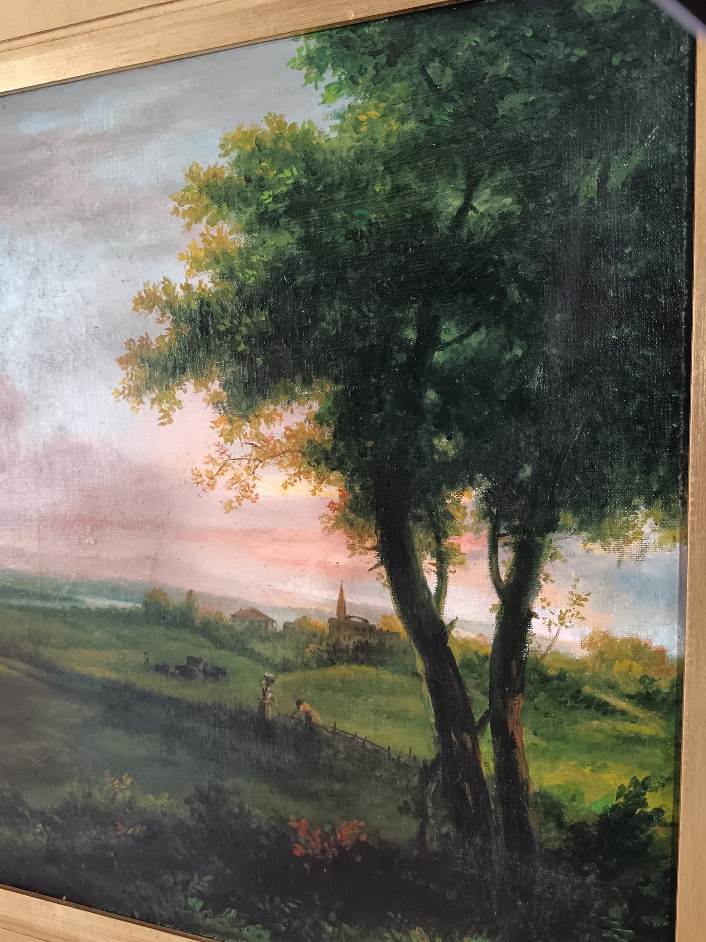 Grande Paesaggio Bucolico al Tramonto Olio su Tela Prima Metà ’900.