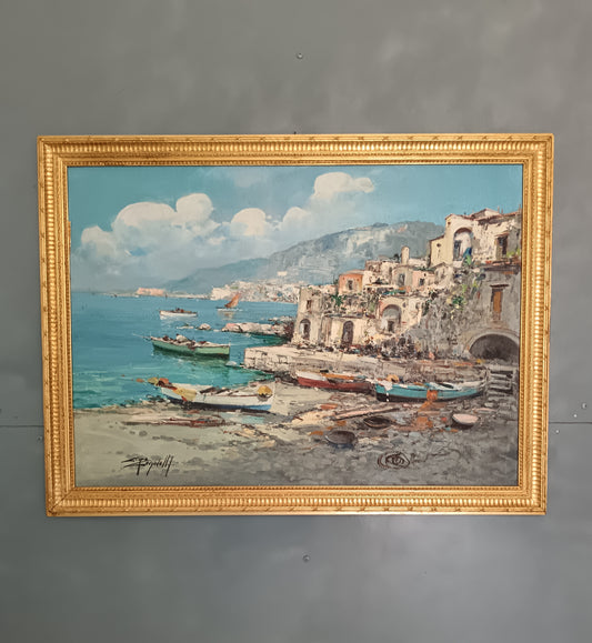 Ciro Canzanella(Napoli 1948),Marina Napoletana con Borgo Costiero Olio su Tela