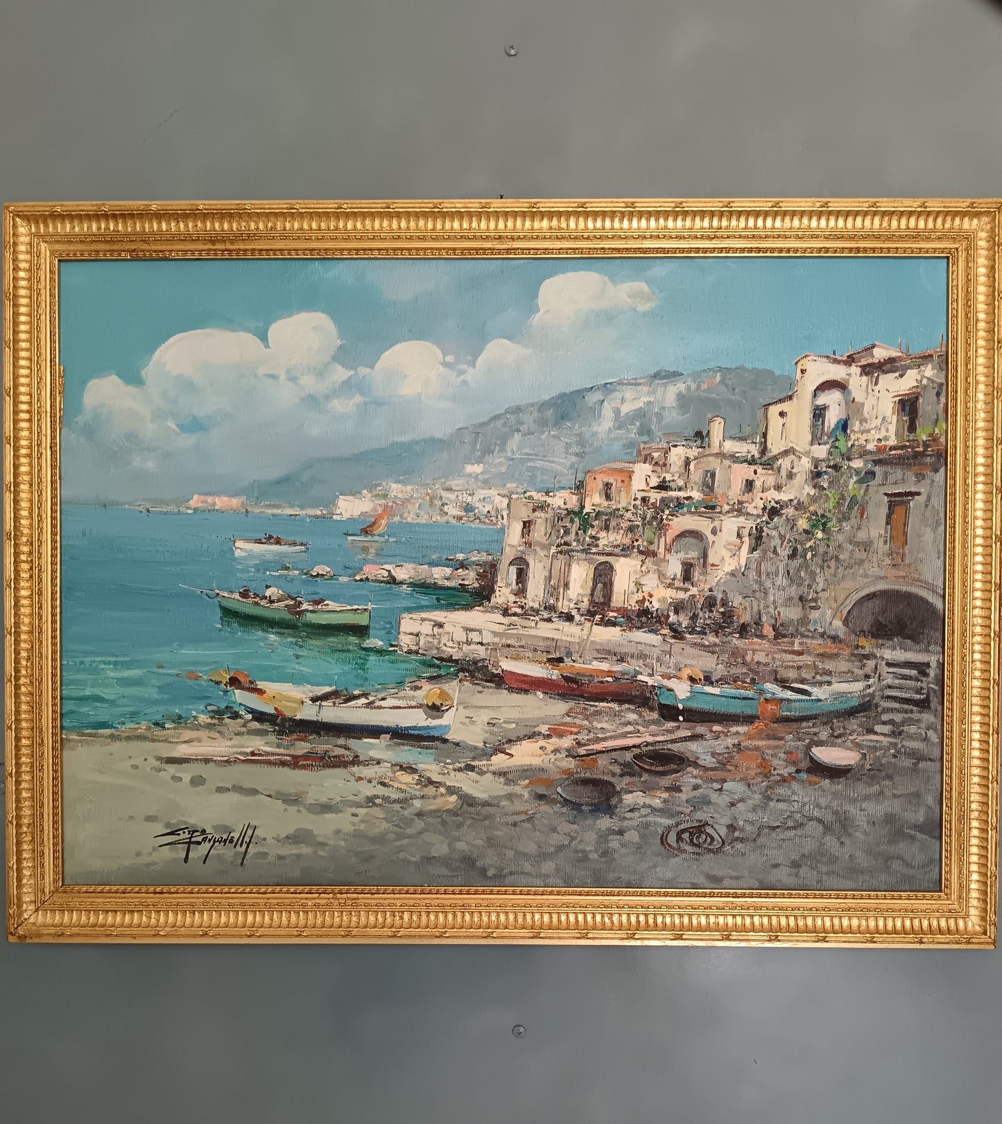 Ciro Canzanella(Napoli 1948),Marina Napoletana con Borgo Costiero Olio su Tela