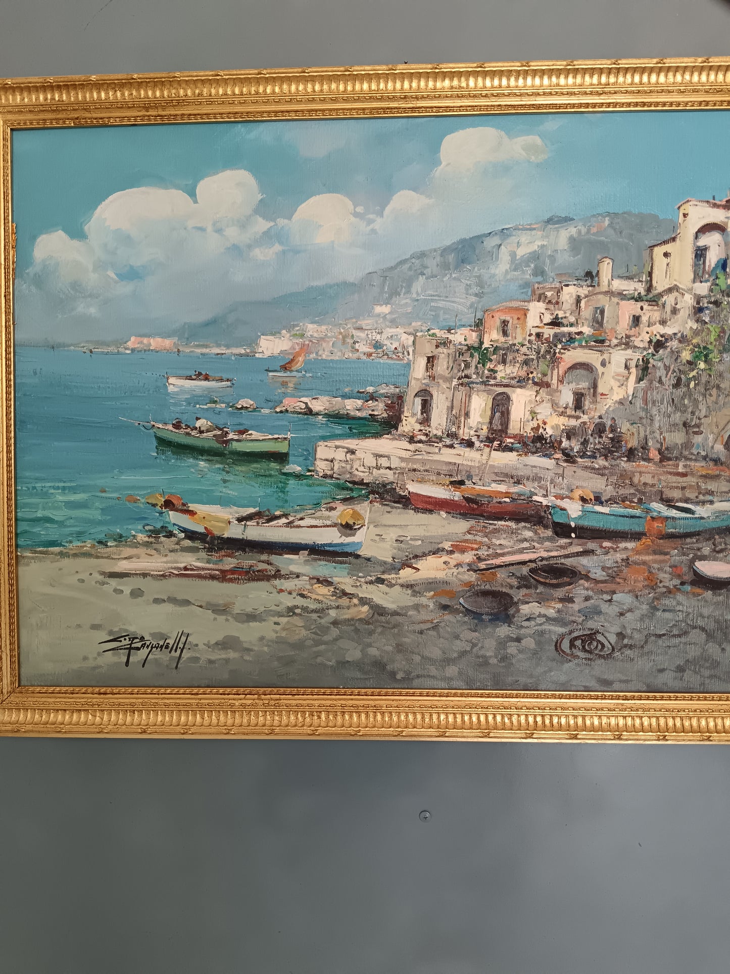 Ciro Canzanella(Napoli 1948),Marina Napoletana con Borgo Costiero Olio su Tela