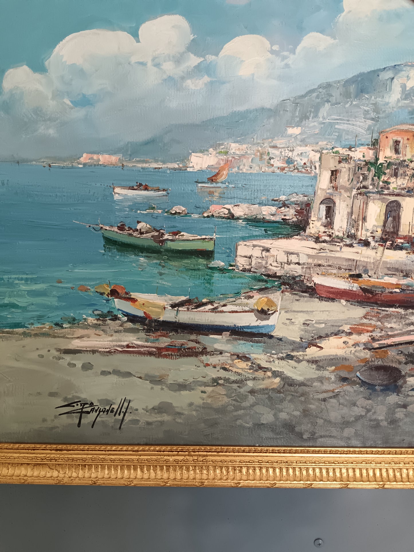 Ciro Canzanella(Napoli 1948),Marina Napoletana con Borgo Costiero Olio su Tela