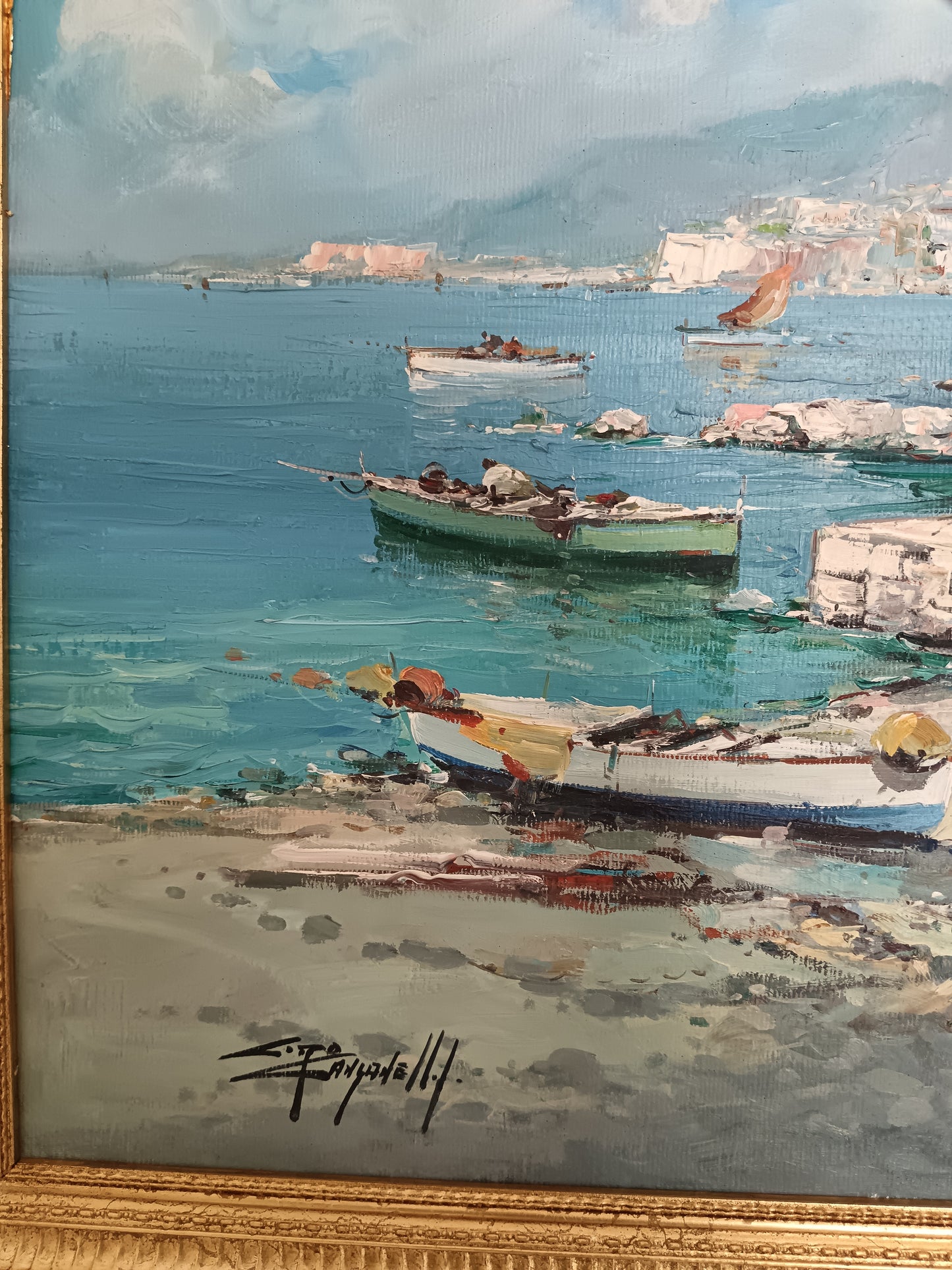 Ciro Canzanella(Napoli 1948),Marina Napoletana con Borgo Costiero Olio su Tela