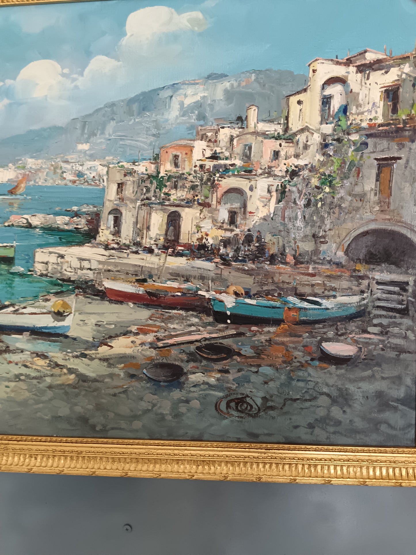 Ciro Canzanella(Napoli 1948),Marina Napoletana con Borgo Costiero Olio su Tela