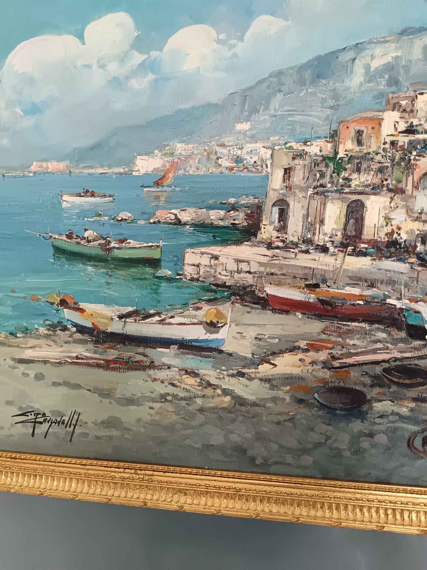 Ciro Canzanella(Napoli 1948),Marina Napoletana con Borgo Costiero Olio su Tela
