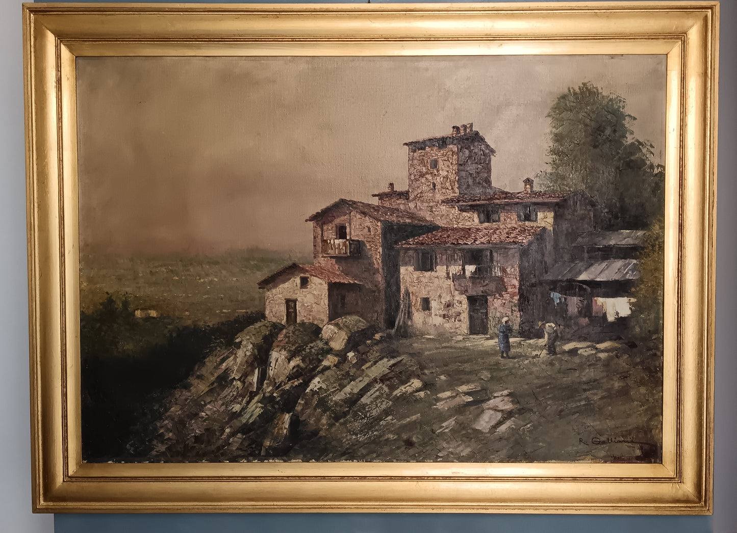 R. Galliani scuola italiana prima metà del '900, paesaggio con borgo romantico dipinto olio su tela Grandi dimensioni