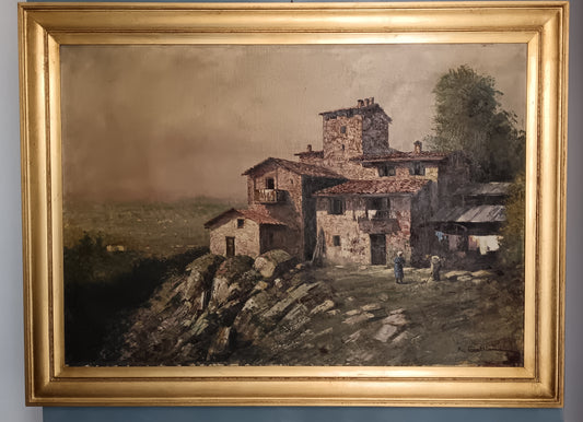 R. Galliani scuola italiana prima metà del '900, paesaggio con borgo romantico dipinto olio su tela Grandi dimensioni