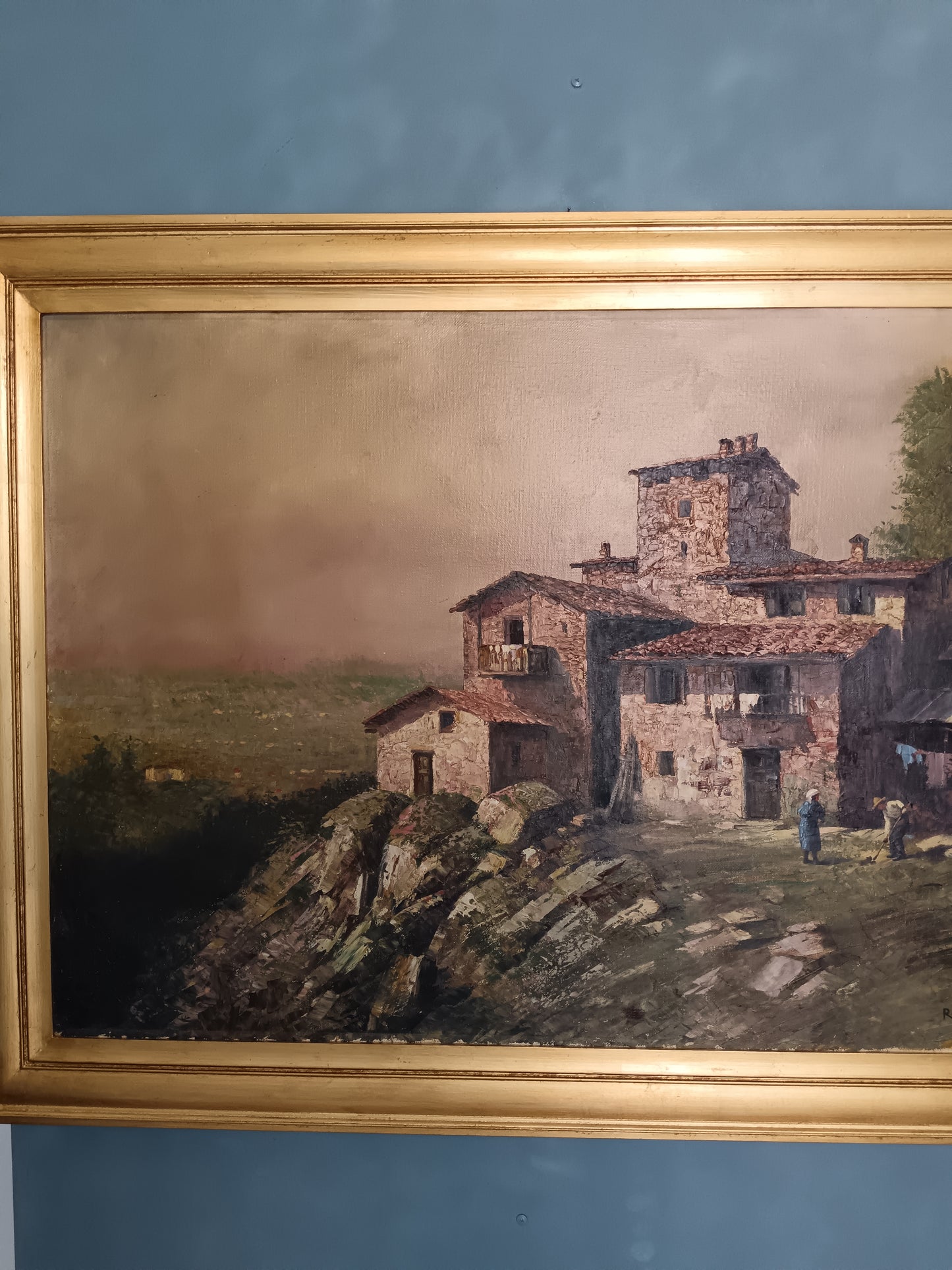 R. Galliani scuola italiana prima metà del '900, paesaggio con borgo romantico dipinto olio su tela Grandi dimensioni