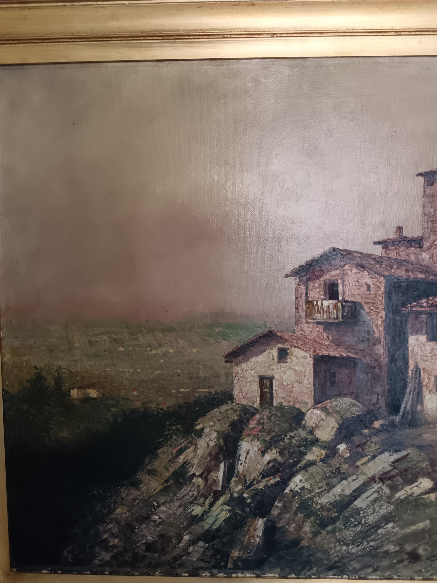 R. Galliani scuola italiana prima metà del '900, paesaggio con borgo romantico dipinto olio su tela Grandi dimensioni