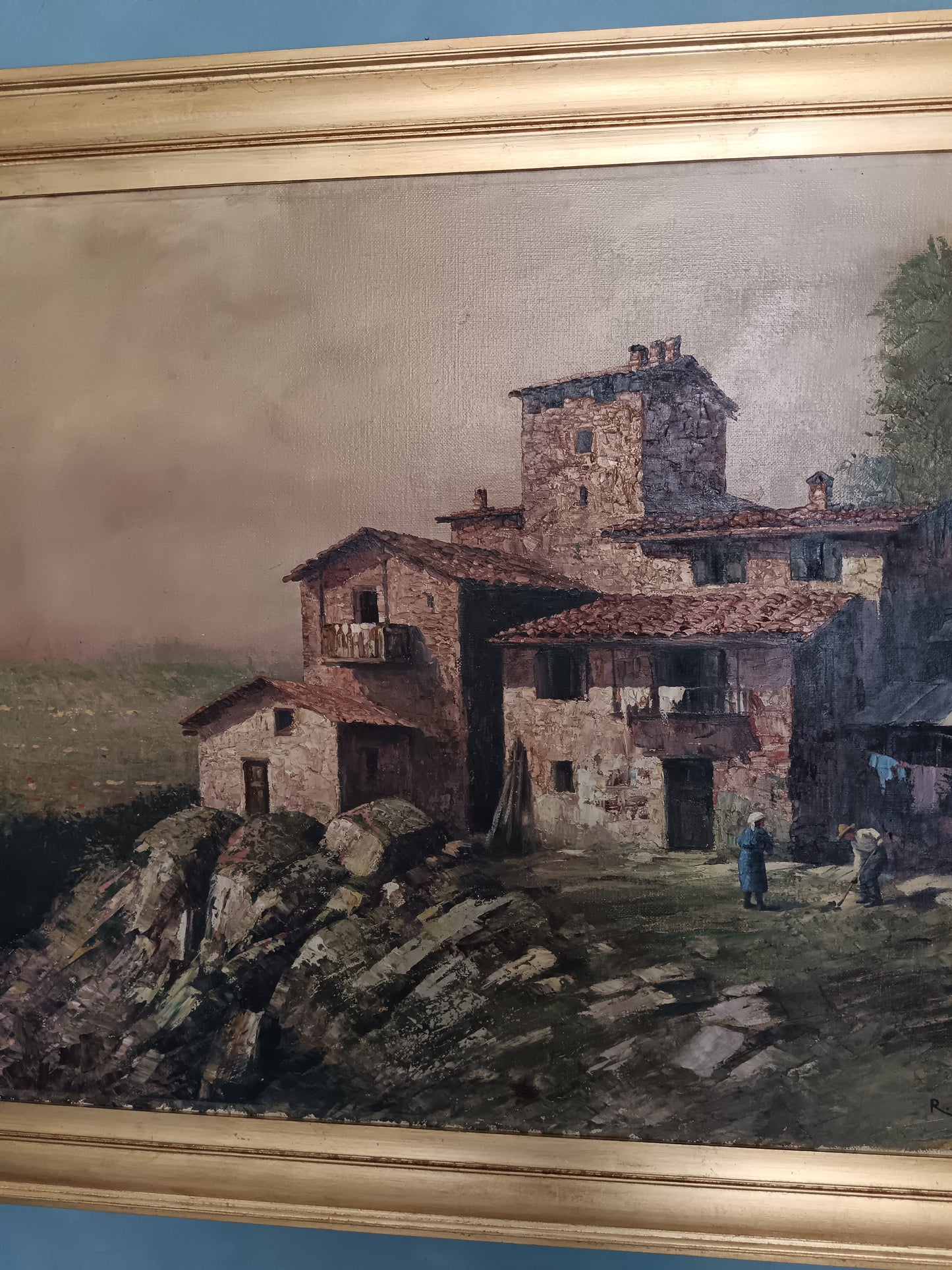 R. Galliani scuola italiana prima metà del '900, paesaggio con borgo romantico dipinto olio su tela Grandi dimensioni