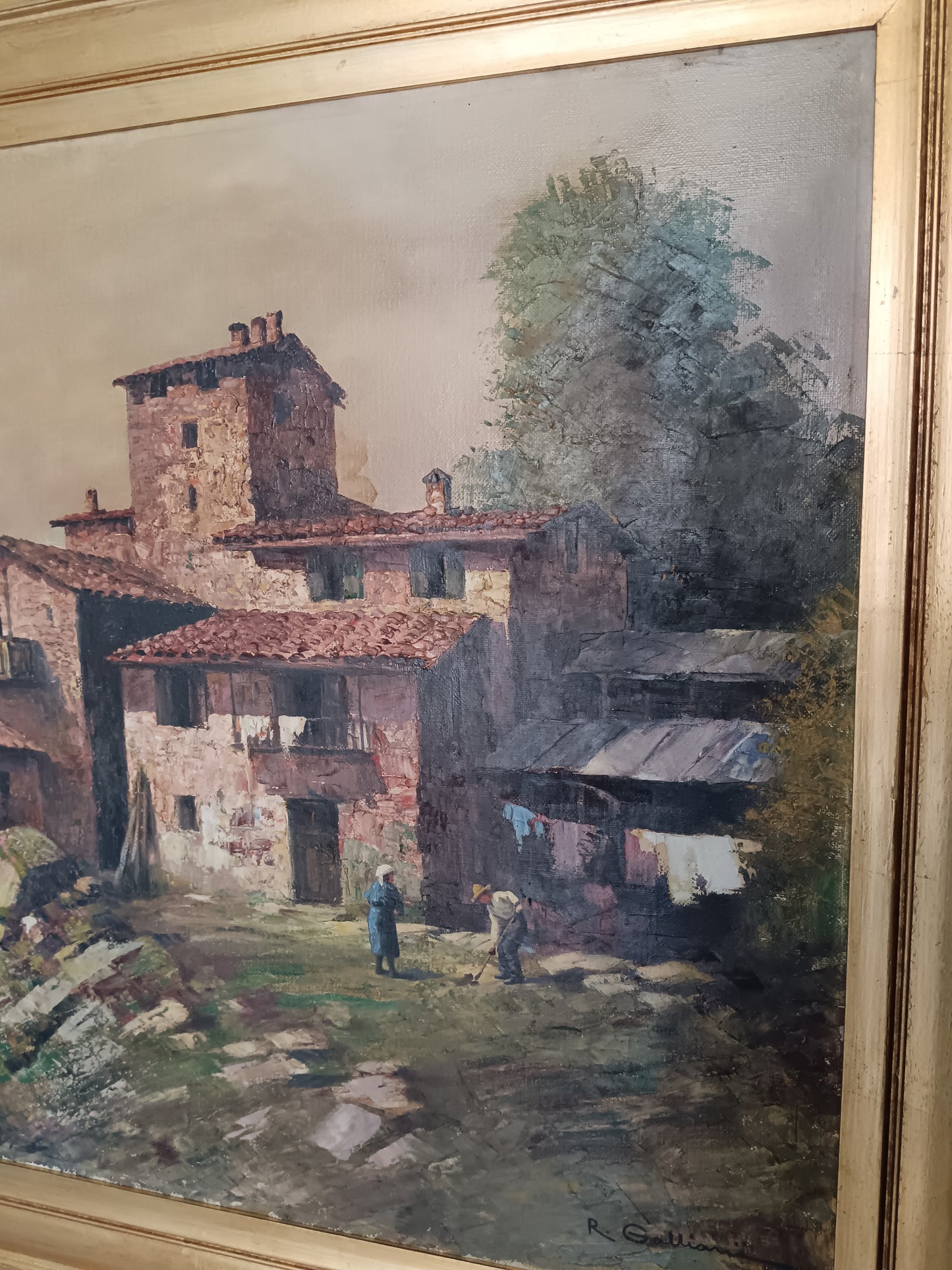 R. Galliani scuola italiana prima metà del '900, paesaggio con borgo romantico dipinto olio su tela Grandi dimensioni