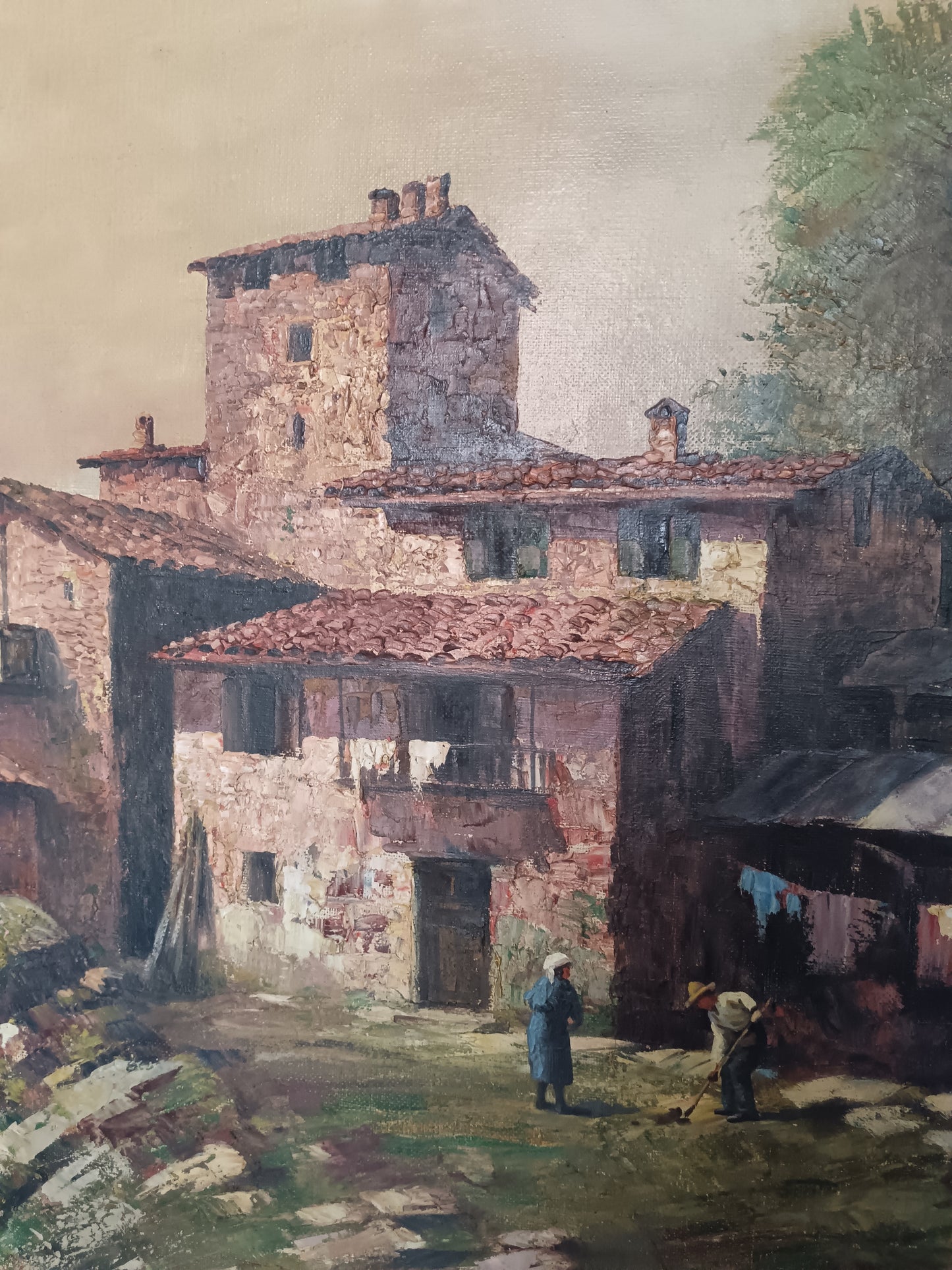R. Galliani scuola italiana prima metà del '900, paesaggio con borgo romantico dipinto olio su tela Grandi dimensioni