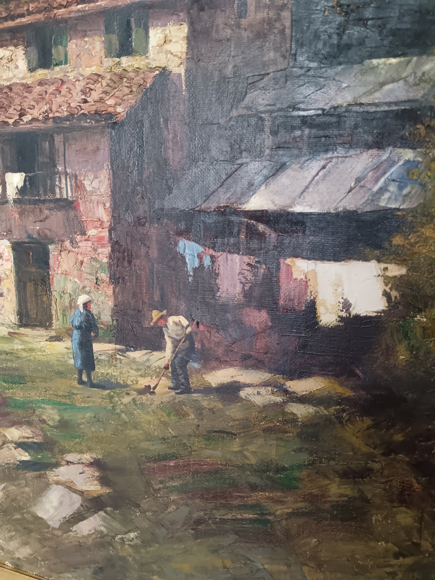 R. Galliani scuola italiana prima metà del '900, paesaggio con borgo romantico dipinto olio su tela Grandi dimensioni