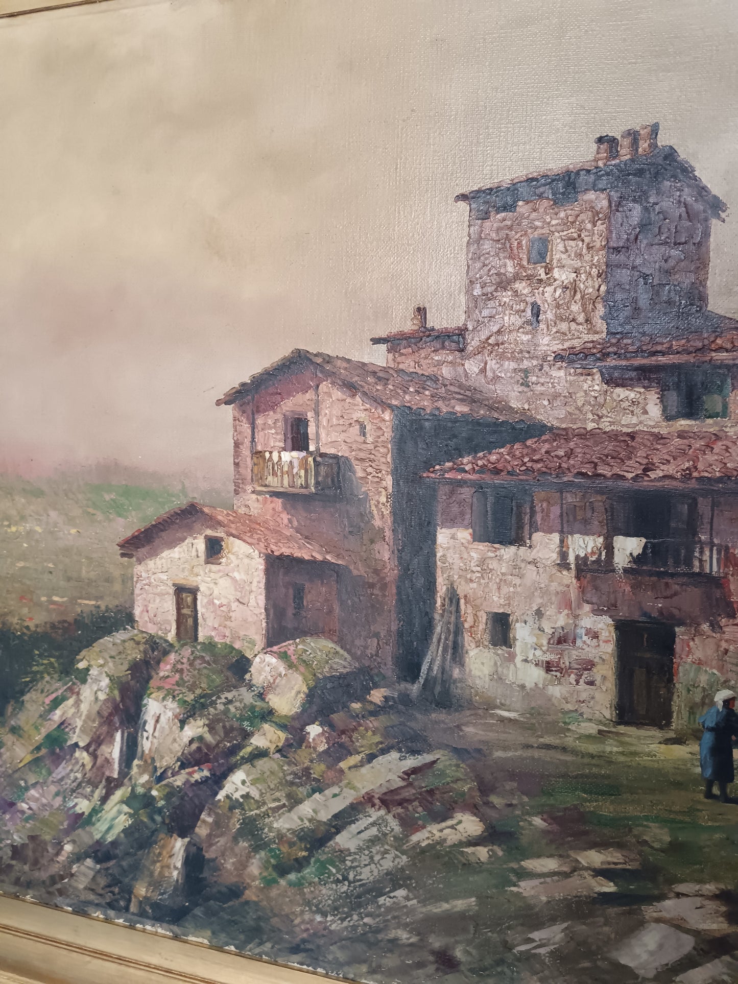 R. Galliani scuola italiana prima metà del '900, paesaggio con borgo romantico dipinto olio su tela Grandi dimensioni