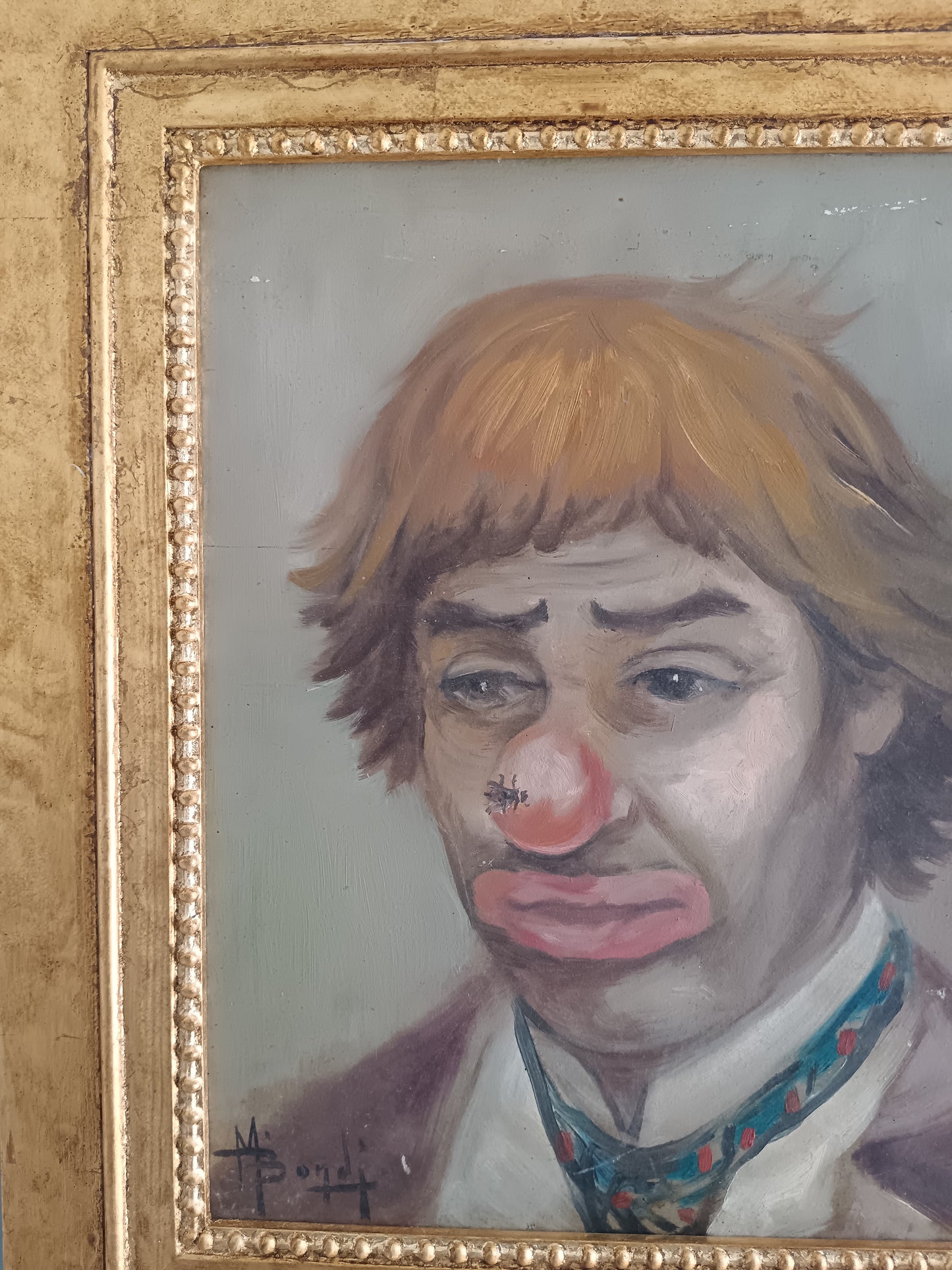 Mario Bordi (1896-1980) – “Clown malinconico” – Olio su tavola con cornice dorata, ritratto espressionista
