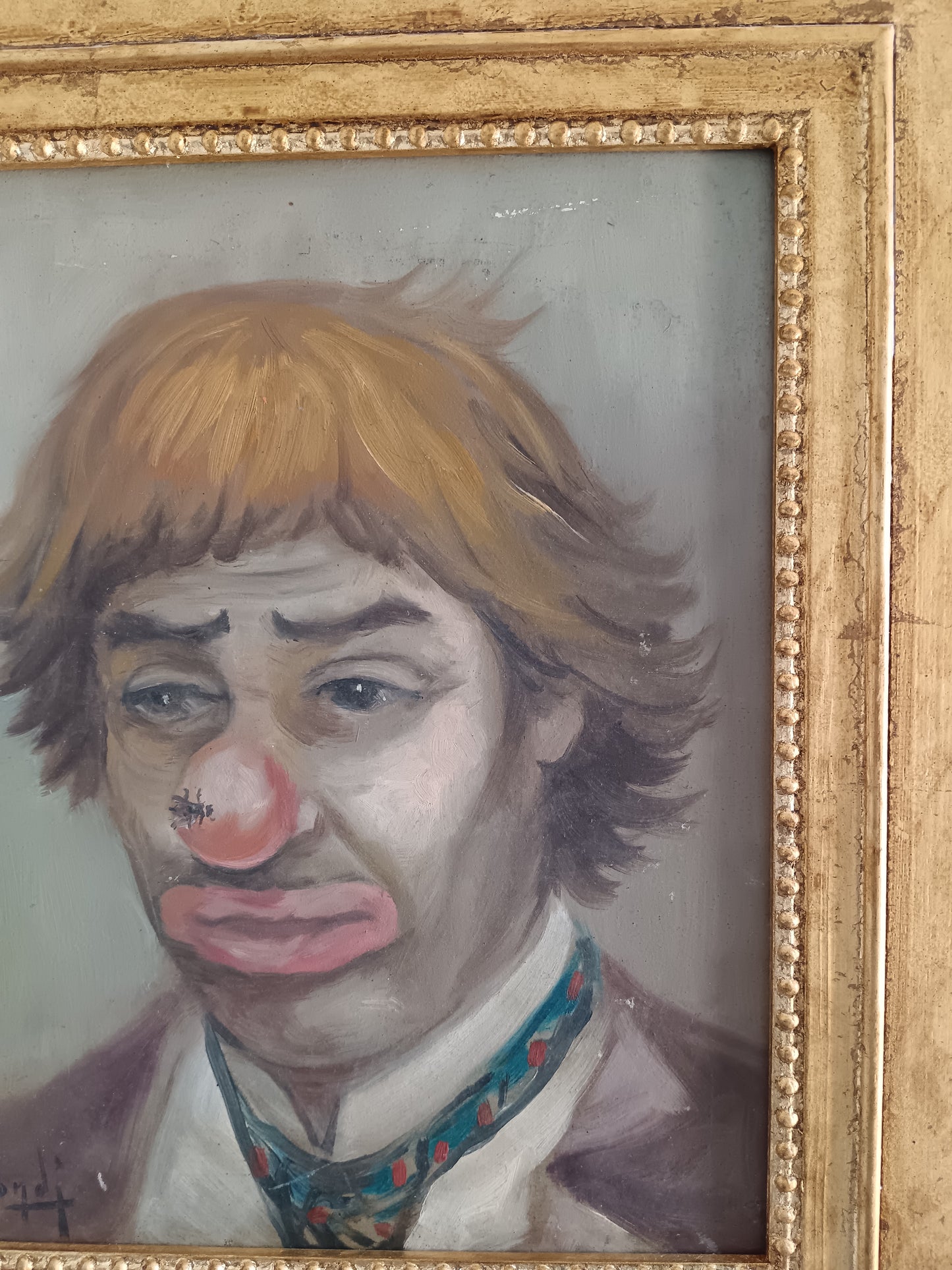 Mario Bordi (1896-1980) – “Clown malinconico” – Olio su tavola con cornice dorata, ritratto espressionista