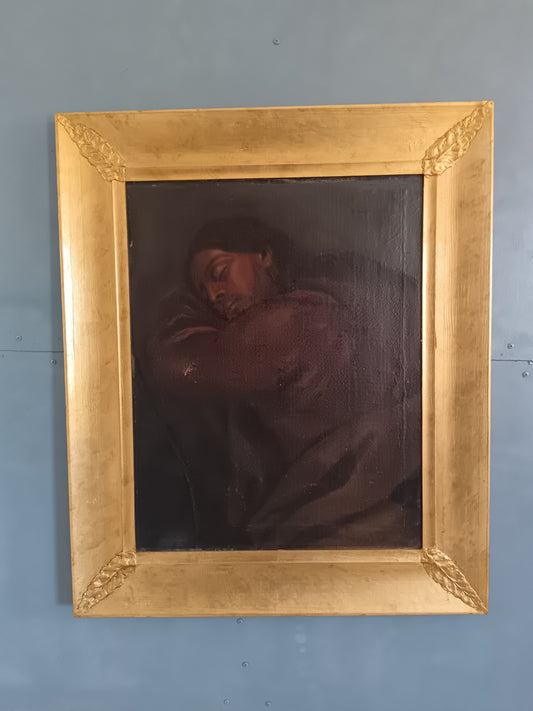 Antico Olio su Tela XVII-XVIII Secolo Figura Femminile in Meditazione – Dipinto Barocco Reintelato