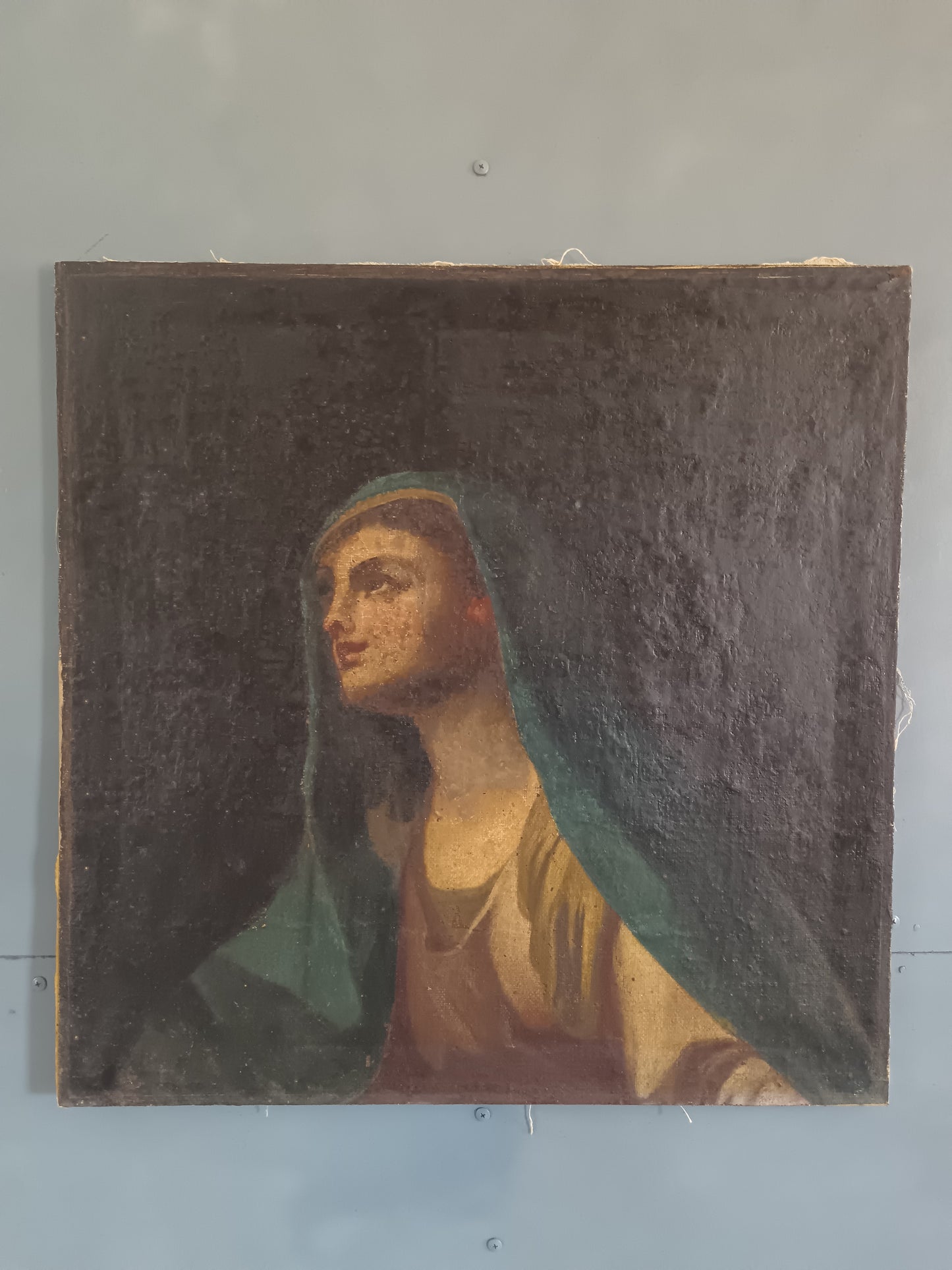 Antico Dipinto Olio su Tela Madonna Addolorata XVII/XVIII Secolo Reintelato”