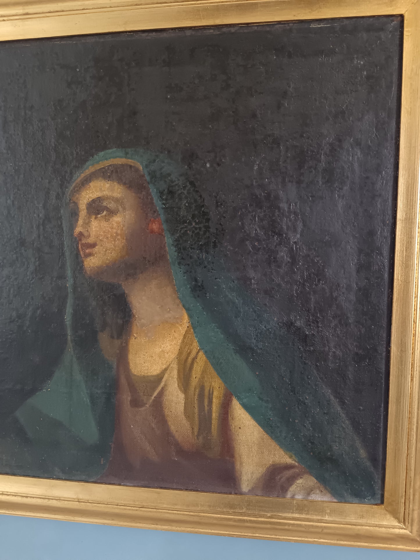 Antico Dipinto Olio su Tela Madonna Addolorata XVII/XVIII Secolo Reintelato”
