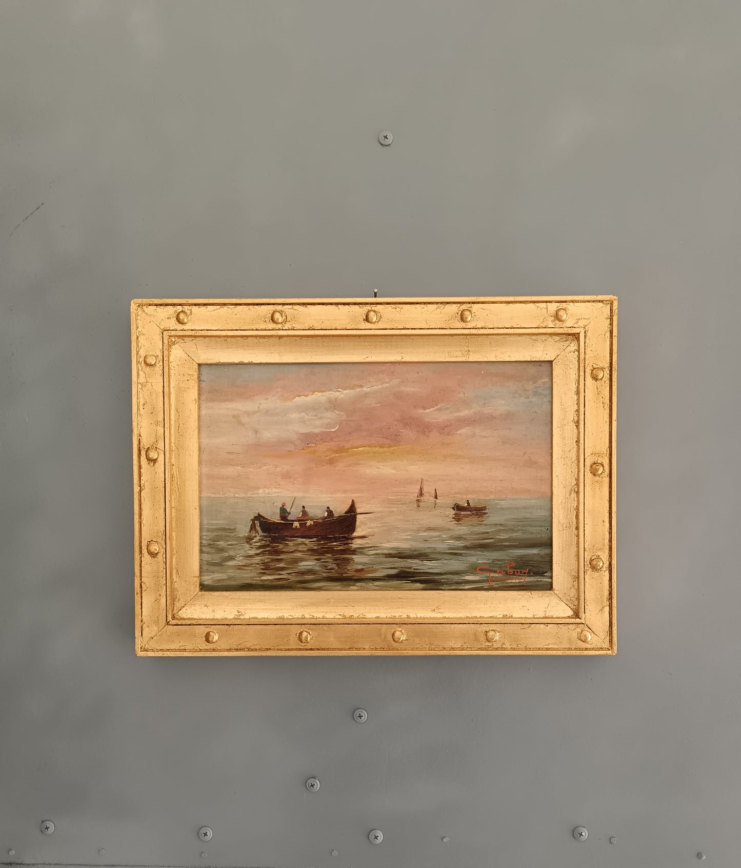 Marina al tramonto con pescatori – olio su tavola firmato Italia XX secolo