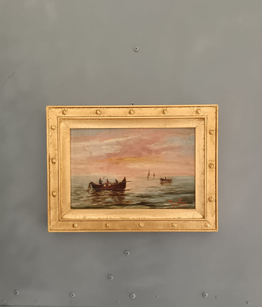 Marina al tramonto con pescatori – olio su tavola firmato Italia XX secolo