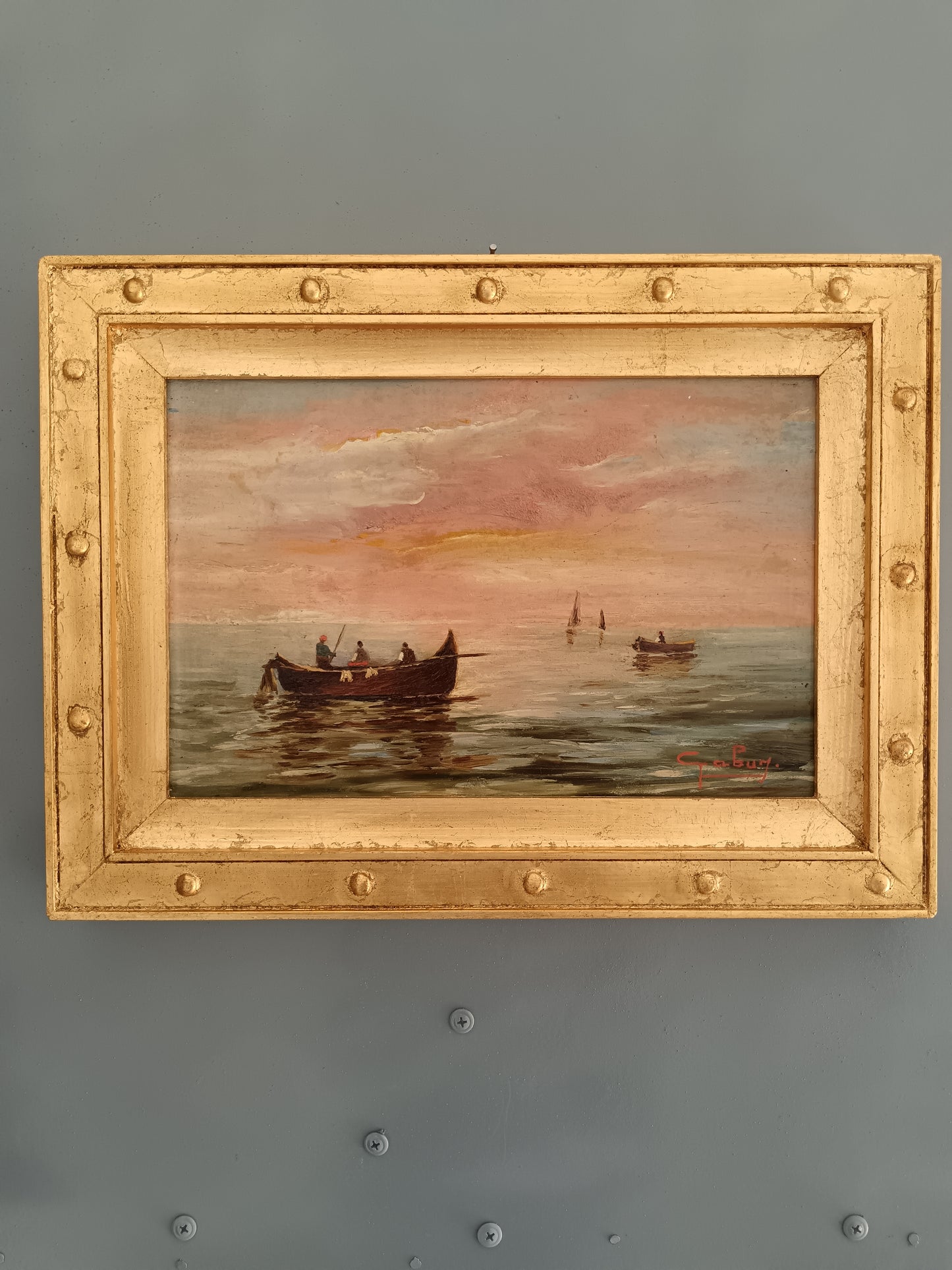 Marina al tramonto con pescatori – olio su tavola firmato Italia XX secolo