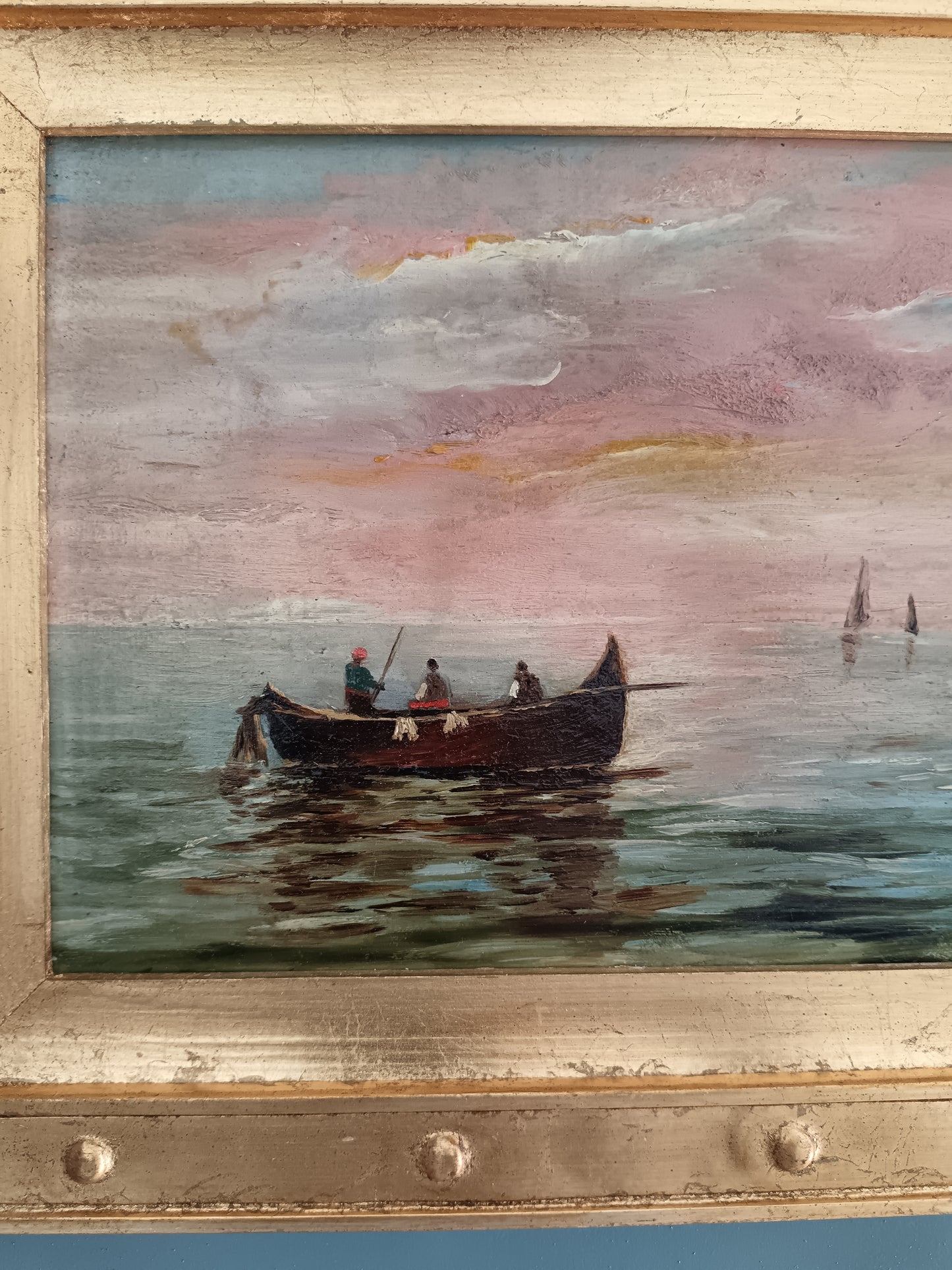 Marina al tramonto con pescatori – olio su tavola firmato Italia XX secolo