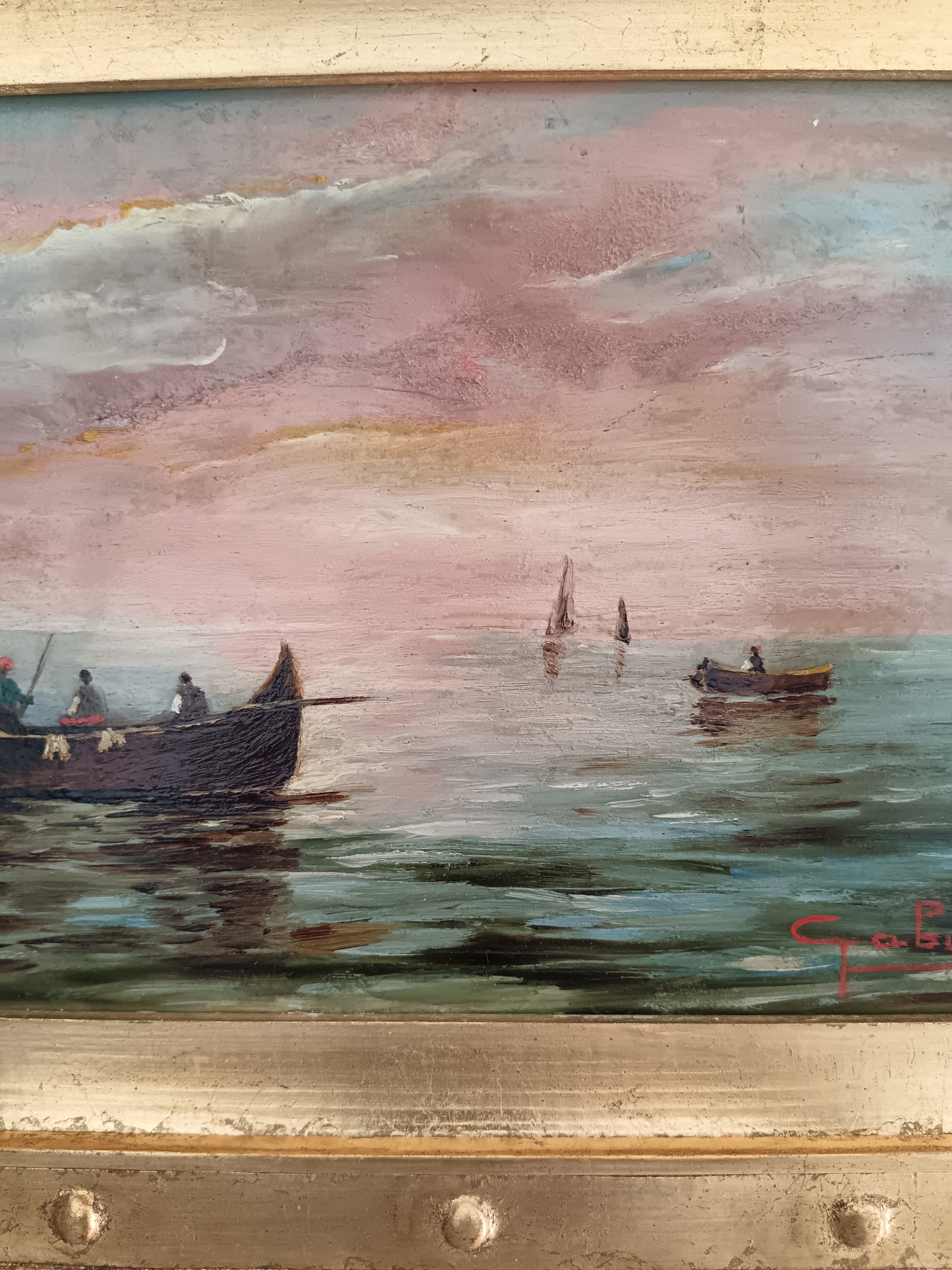 Marina al tramonto con pescatori – olio su tavola firmato Italia XX secolo