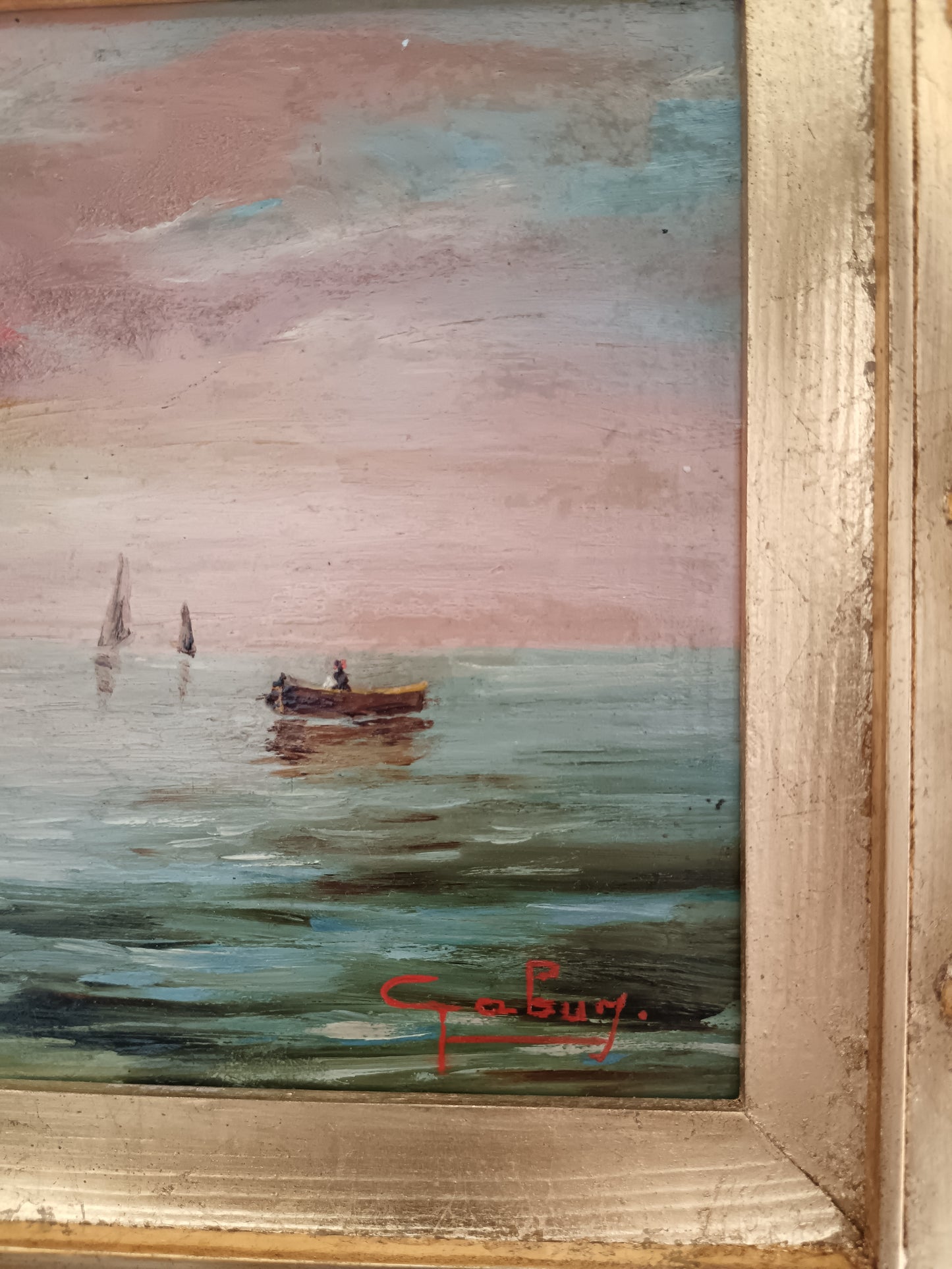 Marina al tramonto con pescatori – olio su tavola firmato Italia XX secolo