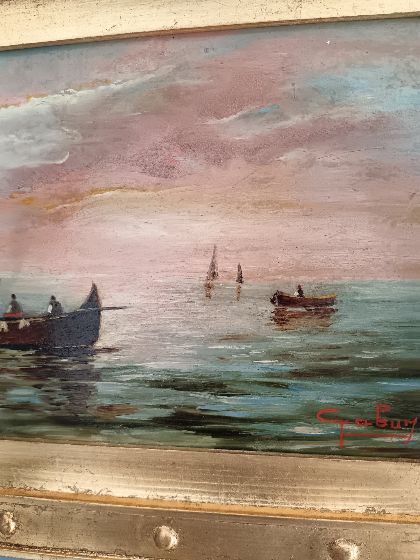 Marina al tramonto con pescatori – olio su tavola firmato Italia XX secolo