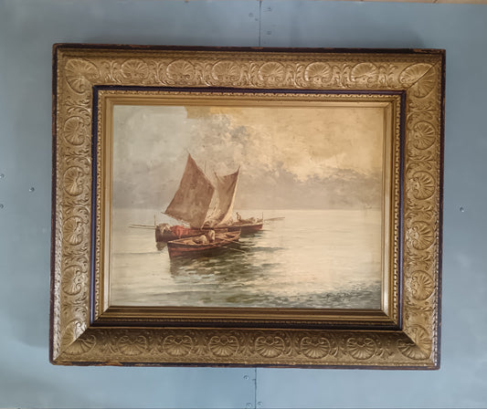 Giuseppe Gargiulo ( XX secolo) Grande Marina con Barche e Pescatori Olio su Masonite Firmato  Cornice Ottocentesca Intagliata