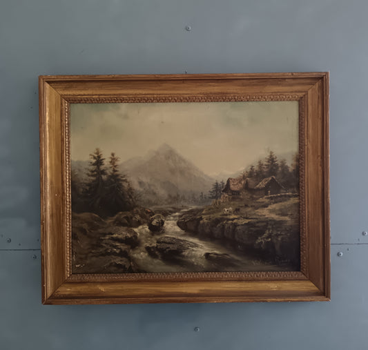 Antico Dipinto Olio su Tela Paesaggio Alpino con Torrente e Baite Firmato Valentine Bunner Fine '800