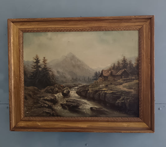 Antico Dipinto Olio su Tela Paesaggio Alpino con Torrente e Baite Firmato Valentine Bunner Fine '800