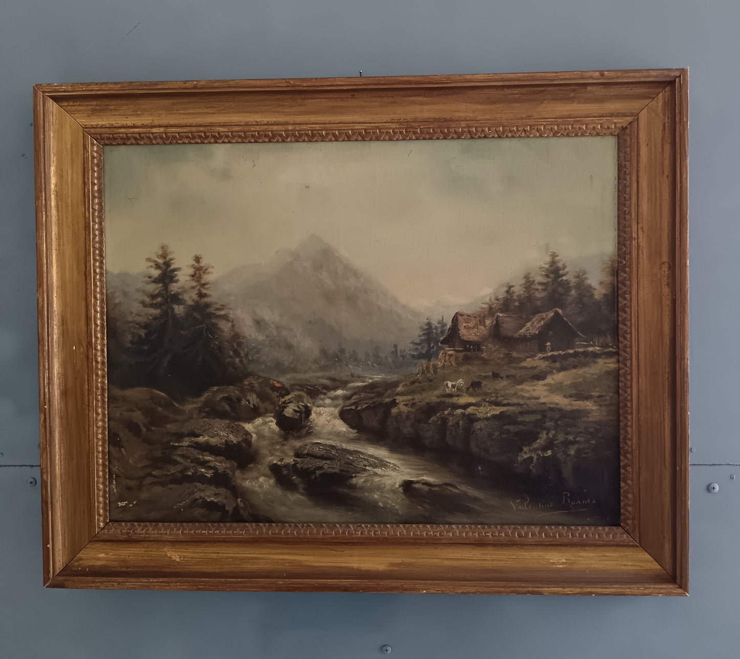 Antico Dipinto Olio su Tela Paesaggio Alpino con Torrente e Baite Firmato Valentine Bunner Fine '800