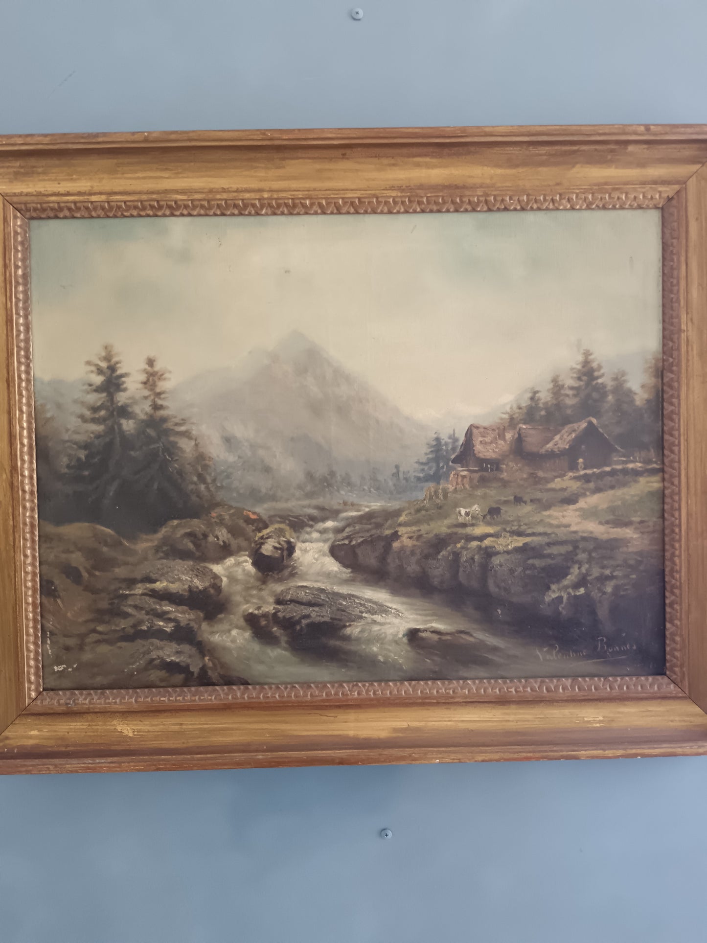 Antico Dipinto Olio su Tela Paesaggio Alpino con Torrente e Baite Firmato Valentine Bunner Fine '800