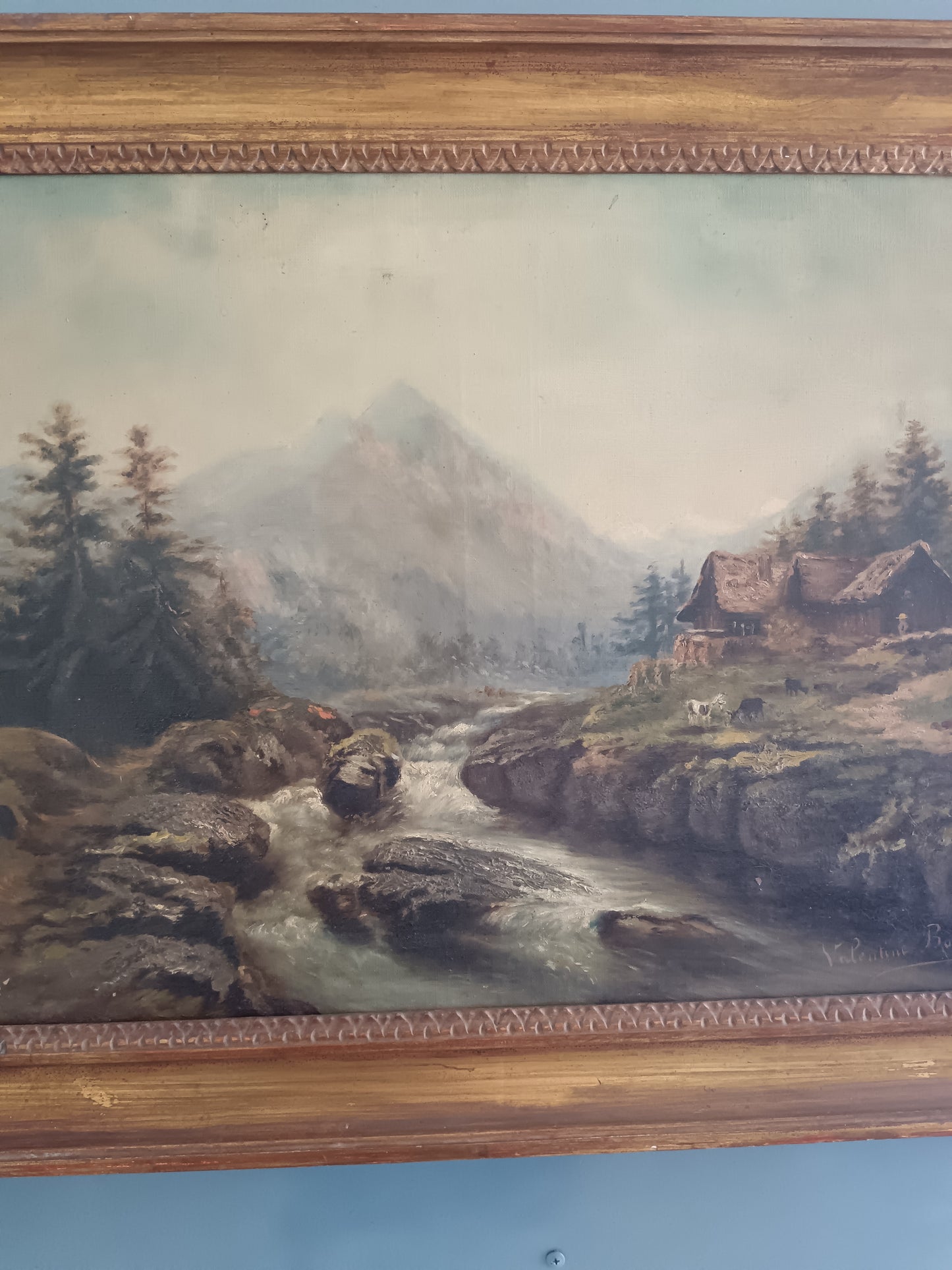 Antico Dipinto Olio su Tela Paesaggio Alpino con Torrente e Baite Firmato Valentine Bunner Fine '800