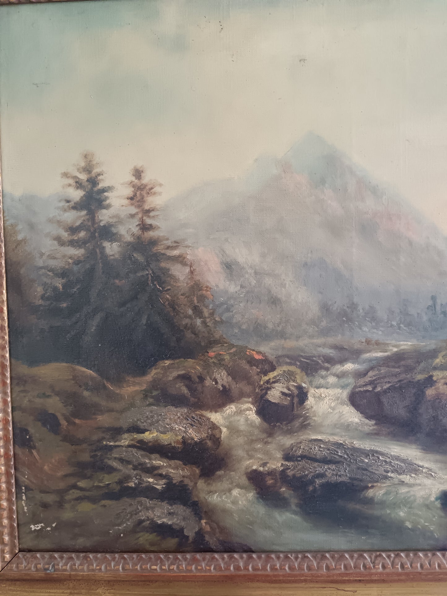Antico Dipinto Olio su Tela Paesaggio Alpino con Torrente e Baite Firmato Valentine Bunner Fine '800