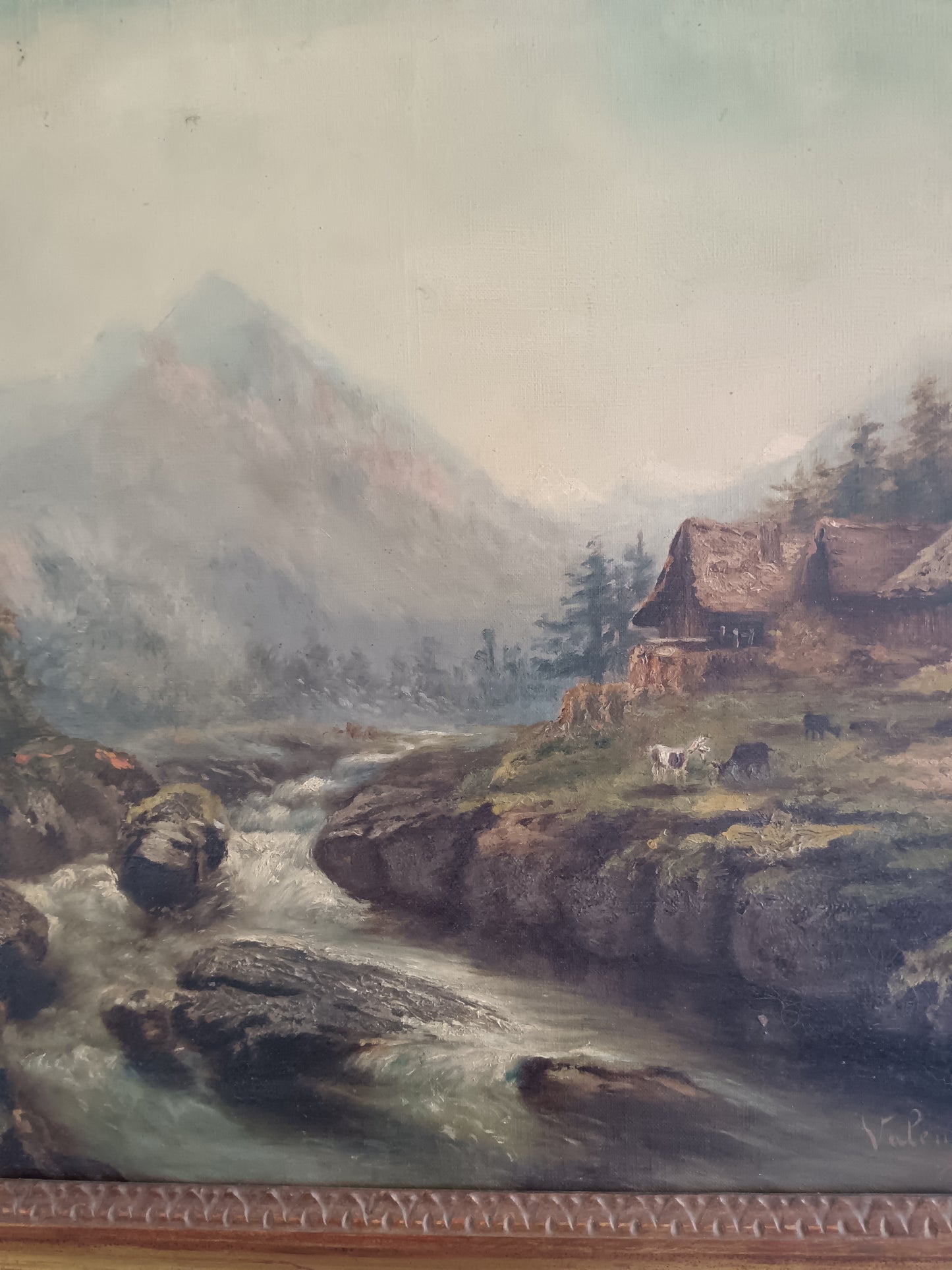 Antico Dipinto Olio su Tela Paesaggio Alpino con Torrente e Baite Firmato Valentine Bunner Fine '800