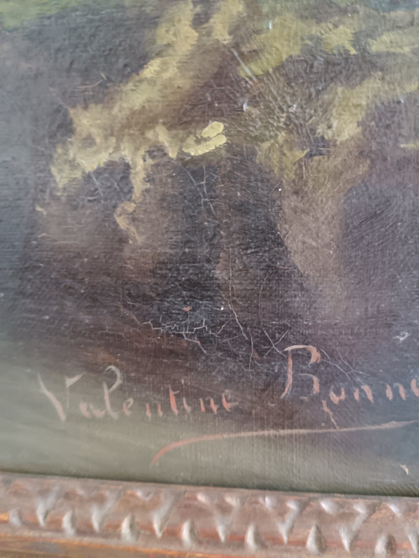 Antico Dipinto Olio su Tela Paesaggio Alpino con Torrente e Baite Firmato Valentine Bunner Fine '800