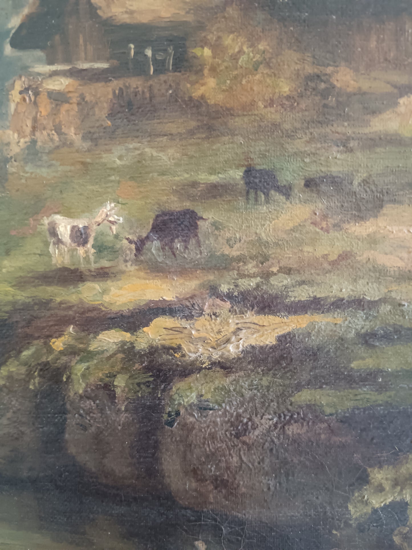 Antico Dipinto Olio su Tela Paesaggio Alpino con Torrente e Baite Firmato Valentine Bunner Fine '800