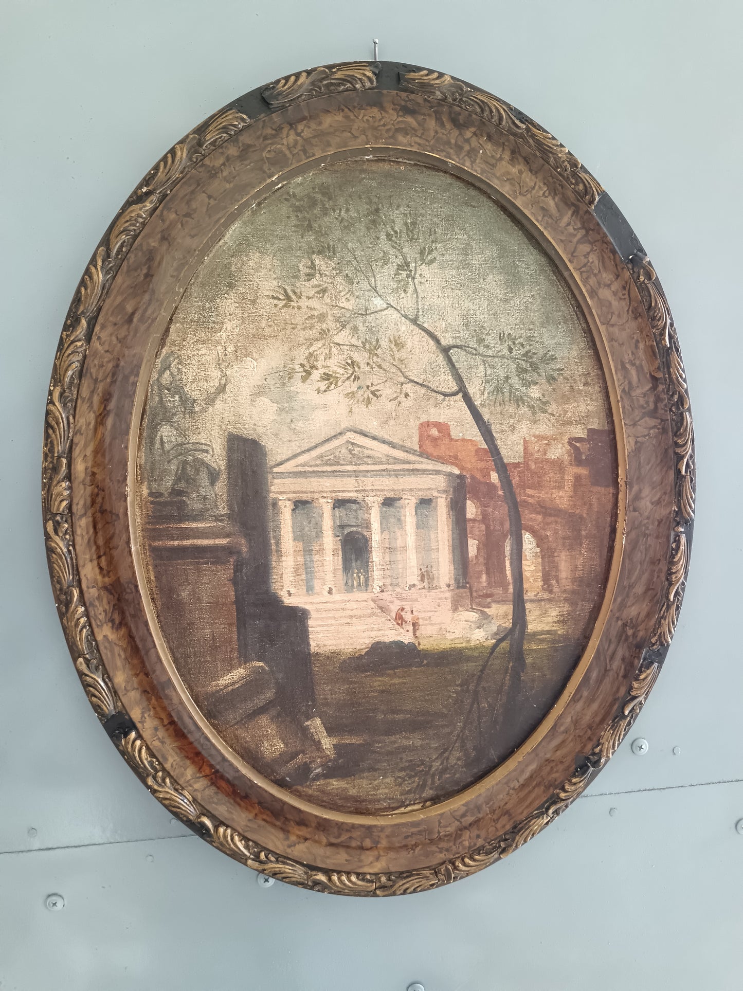 Antico Dipinto Ovale Olio su Tela Roma Antica Pantheon e Rovine XIX Sec.