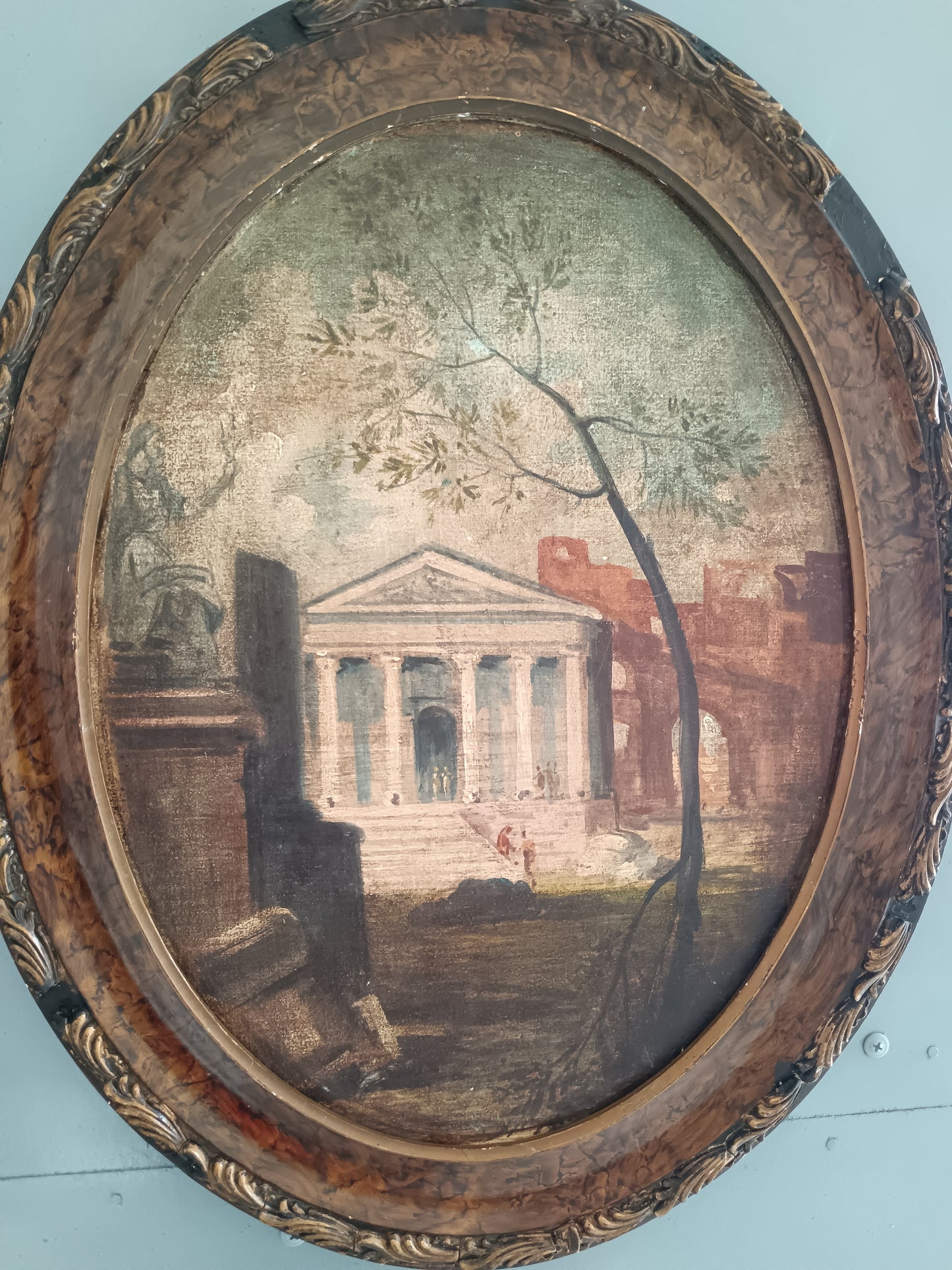 Antico Dipinto Ovale Olio su Tela Roma Antica Pantheon e Rovine XIX Sec.