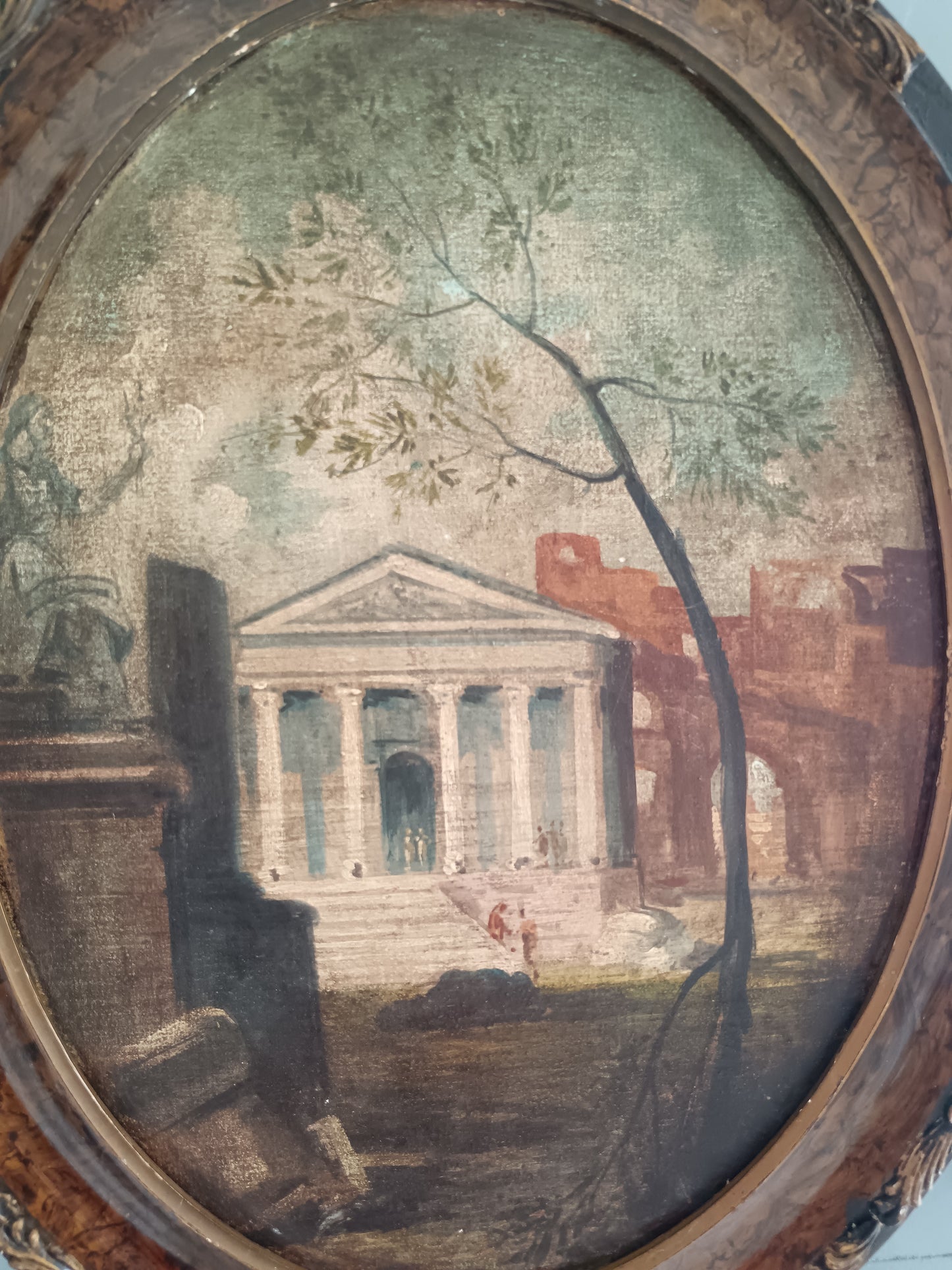 Antico Dipinto Ovale Olio su Tela Roma Antica Pantheon e Rovine XIX Sec.