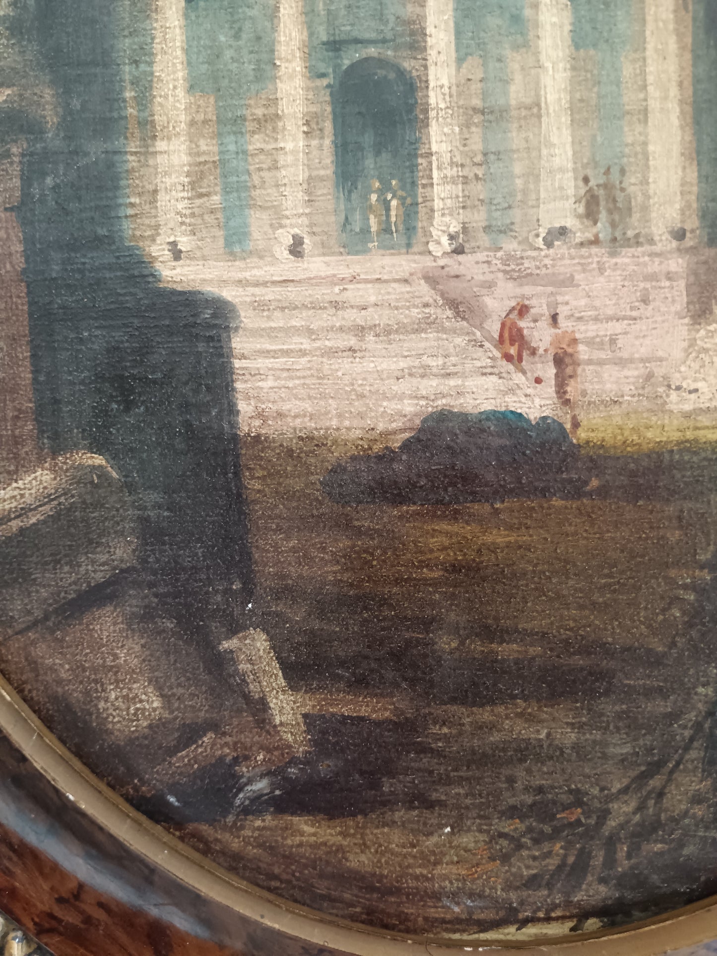 Antico Dipinto Ovale Olio su Tela Roma Antica Pantheon e Rovine XIX Sec.