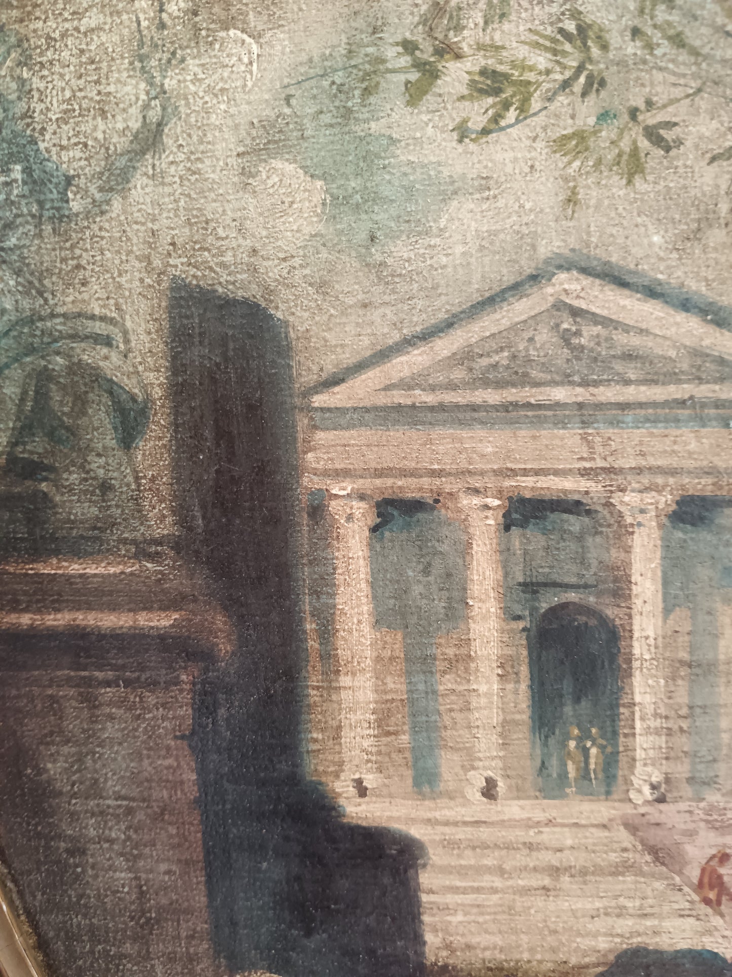 Antico Dipinto Ovale Olio su Tela Roma Antica Pantheon e Rovine XIX Sec.