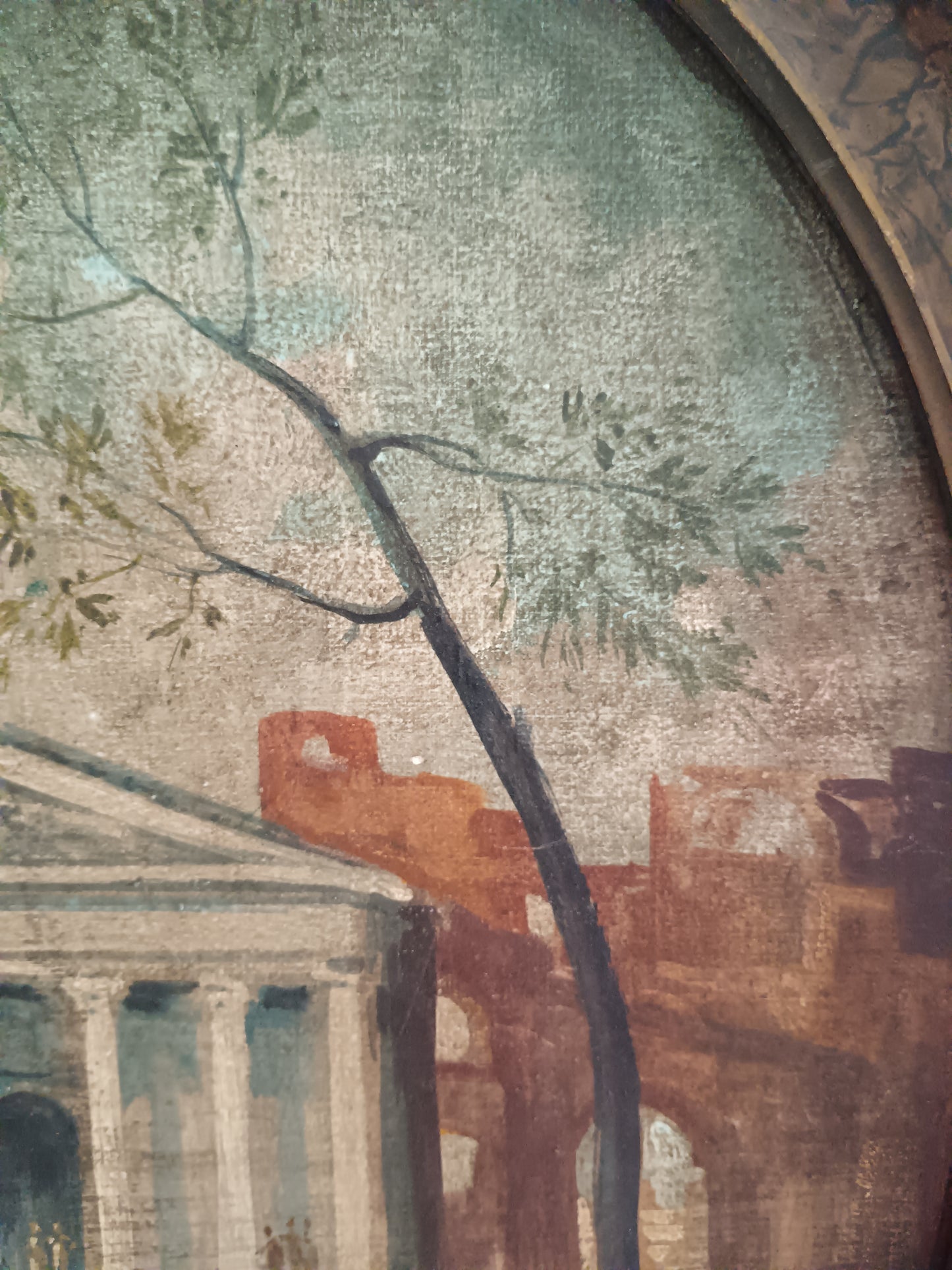 Antico Dipinto Ovale Olio su Tela Roma Antica Pantheon e Rovine XIX Sec.
