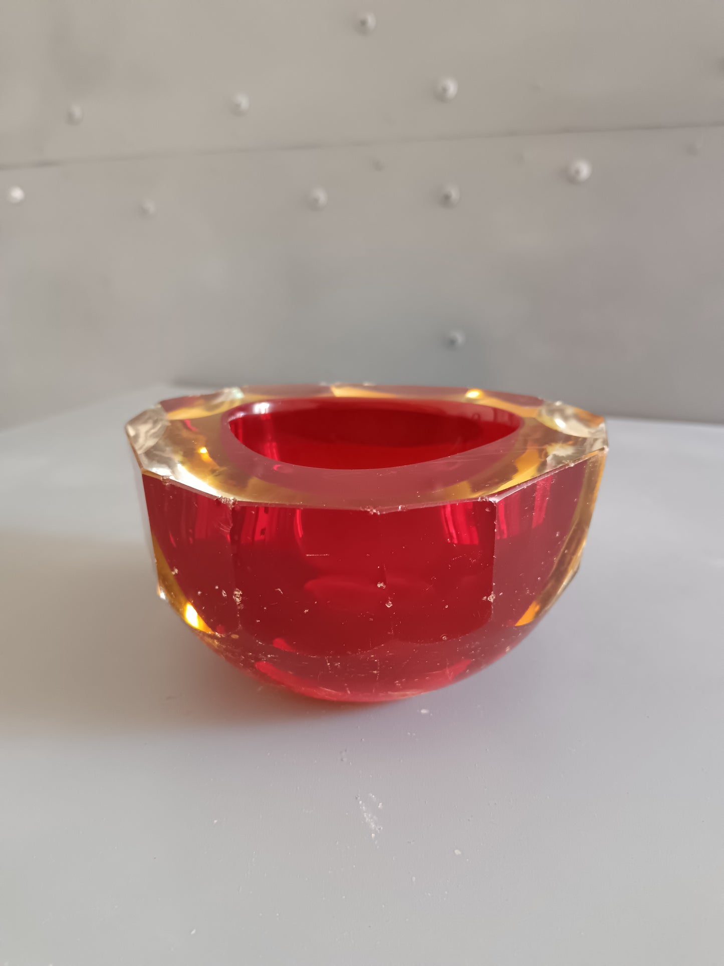 Posacenere Vintage Vetro Sommerso Rosso Rubino e Ambra Murano Stile Flavio Poli.