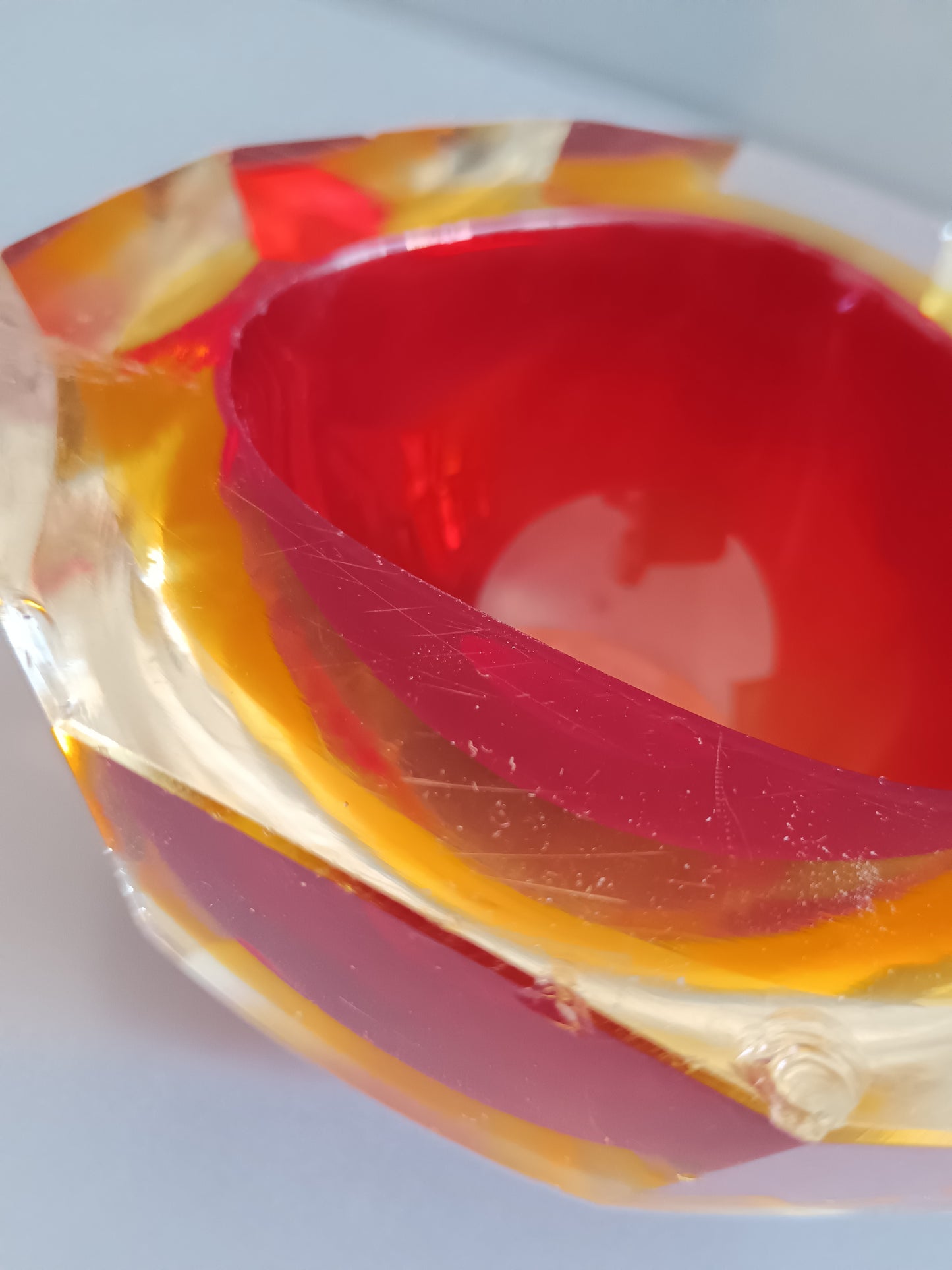 Posacenere Vintage Vetro Sommerso Rosso Rubino e Ambra Murano Stile Flavio Poli.