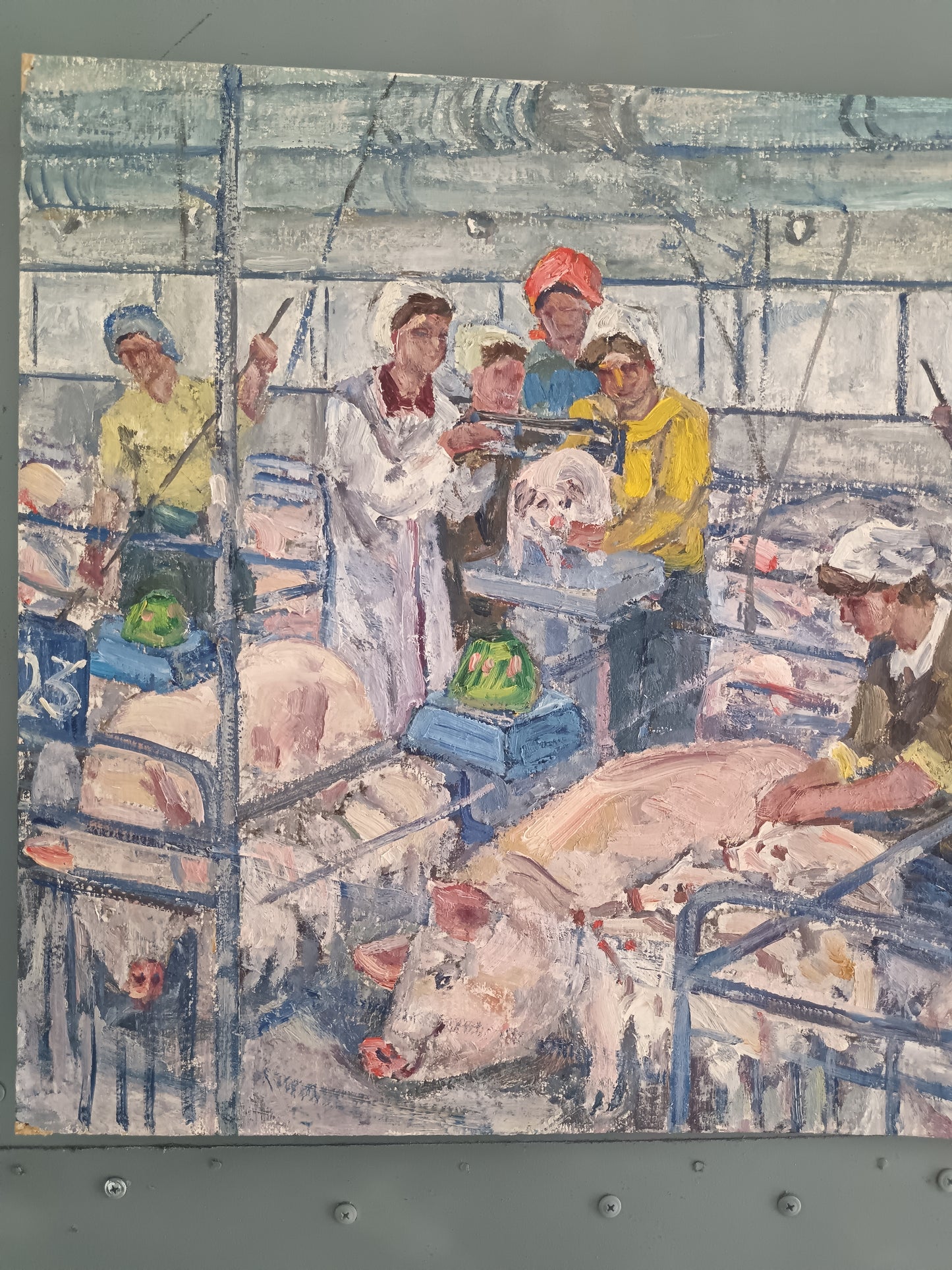Mukhamet Aman Baga (Attribuito) – Olio su Cartoncino – Realismo Sovietico Industriale – Allevamento Suini URSS
