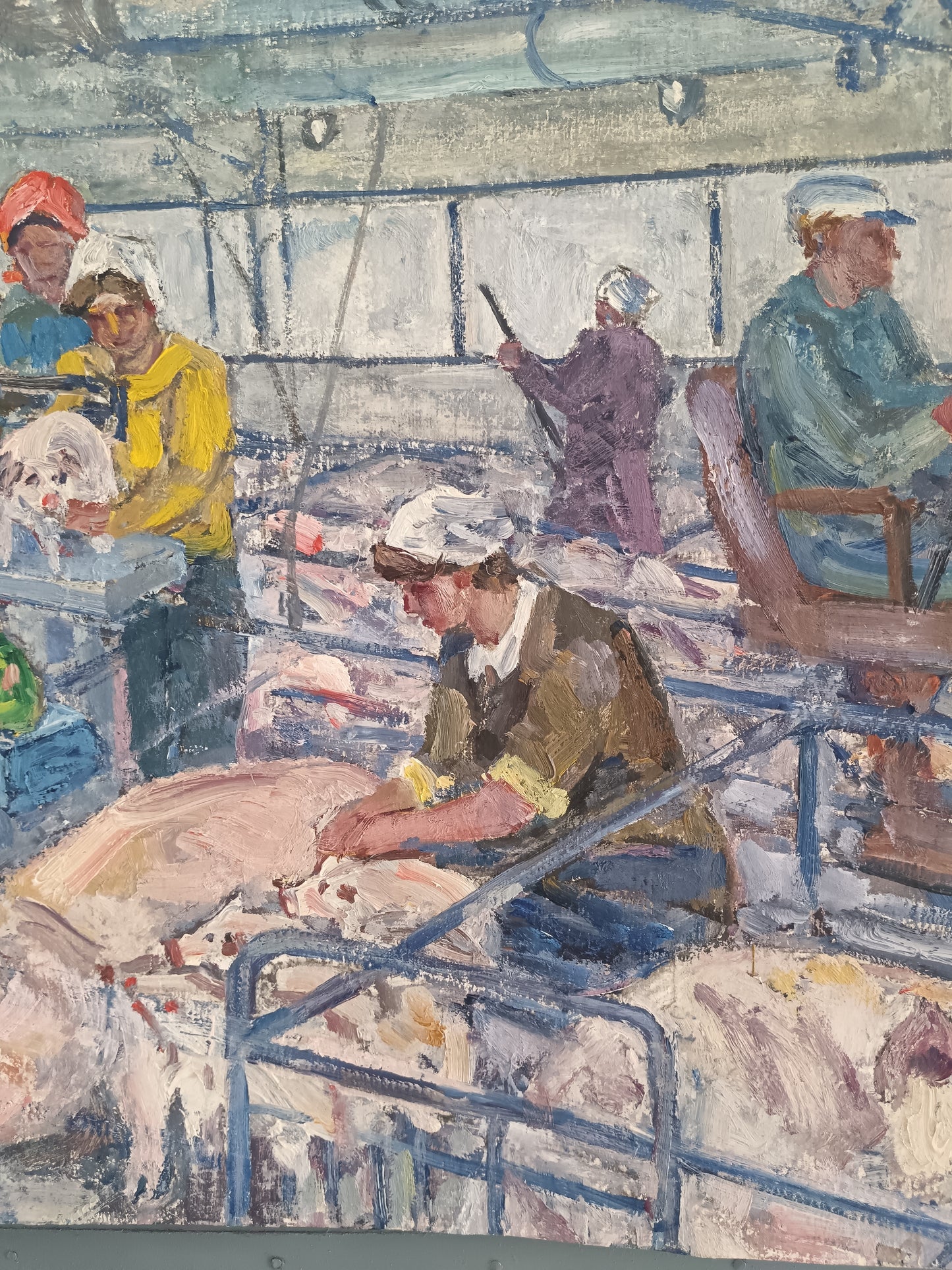 Mukhamet Aman Baga (Attribuito) – Olio su Cartoncino – Realismo Sovietico Industriale – Allevamento Suini URSS