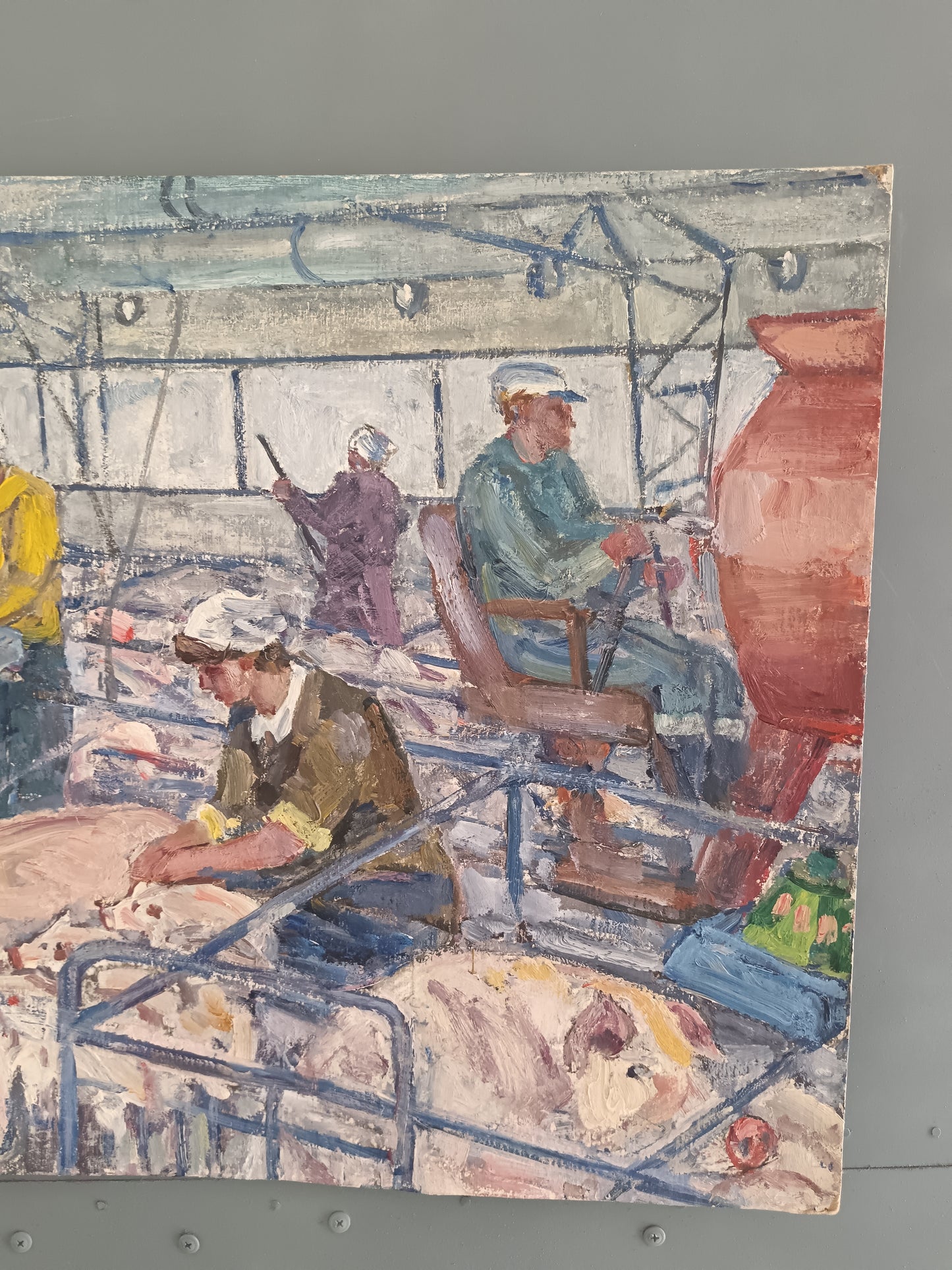 Mukhamet Aman Baga (Attribuito) – Olio su Cartoncino – Realismo Sovietico Industriale – Allevamento Suini URSS